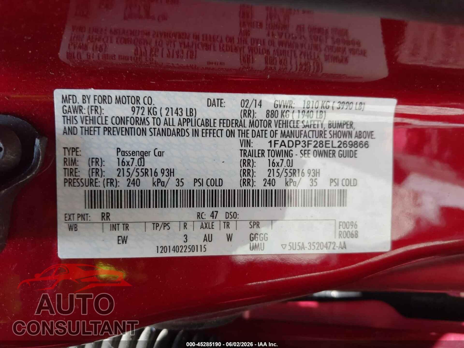 FORD FOCUS 2014 - 1FADP3F28EL269866