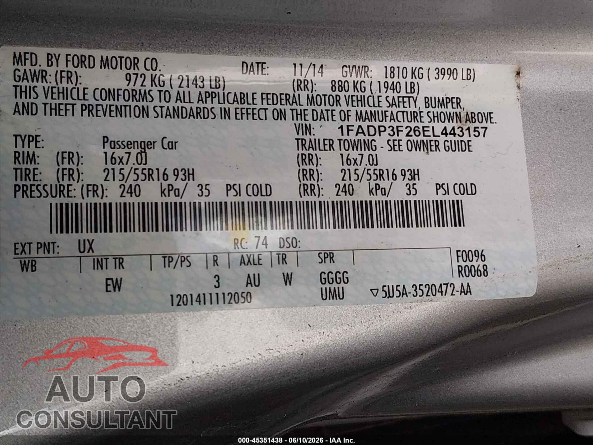 FORD FOCUS 2014 - 1FADP3F26EL443157