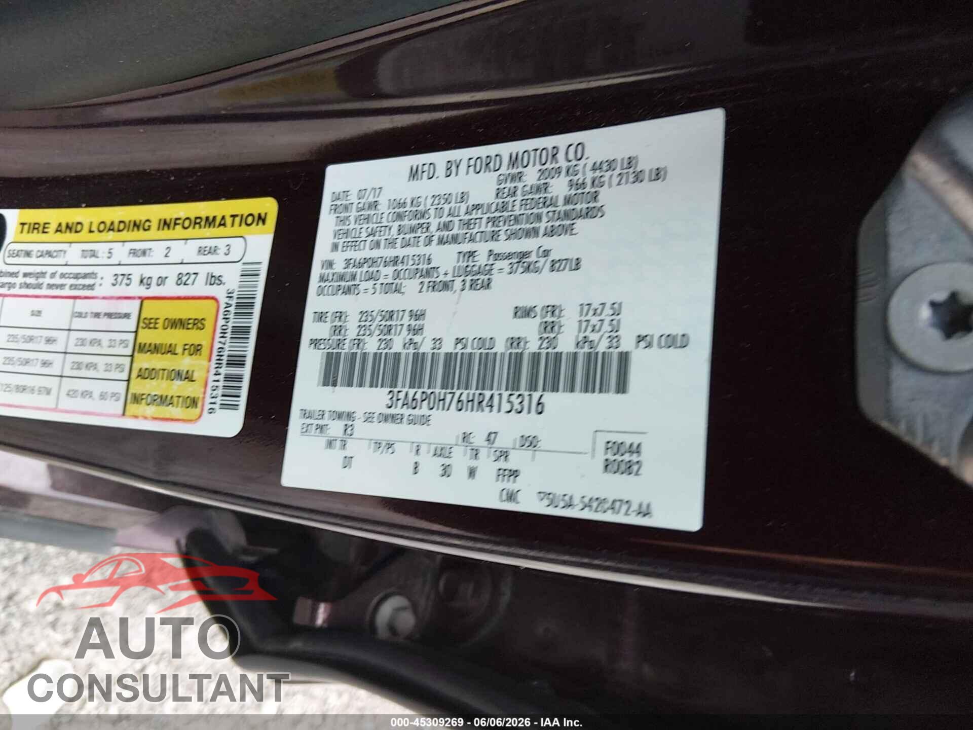 FORD FUSION 2017 - 3FA6P0H76HR415316