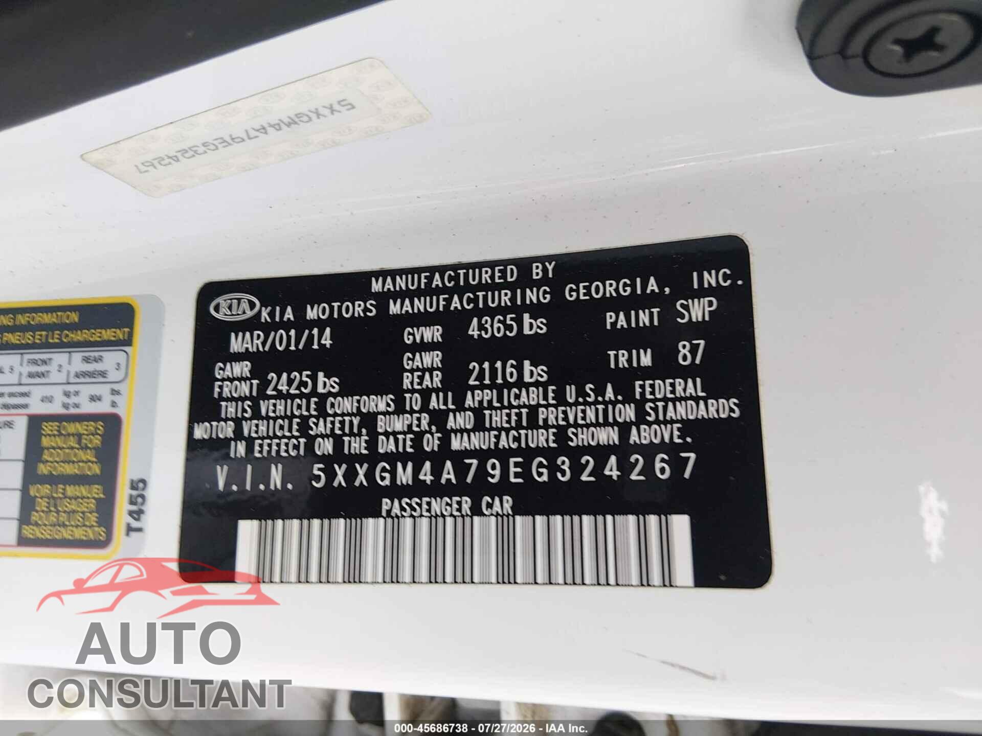 KIA OPTIMA 2014 - 5XXGM4A79EG324267