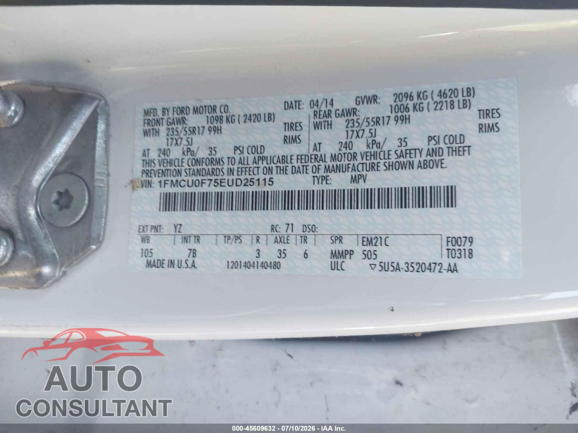 FORD ESCAPE 2014 - 1FMCU0F75EUD25115