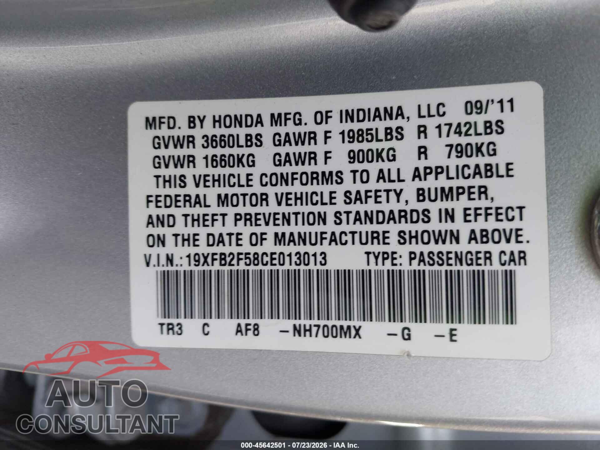 HONDA CIVIC 2012 - 19XFB2F58CE013013