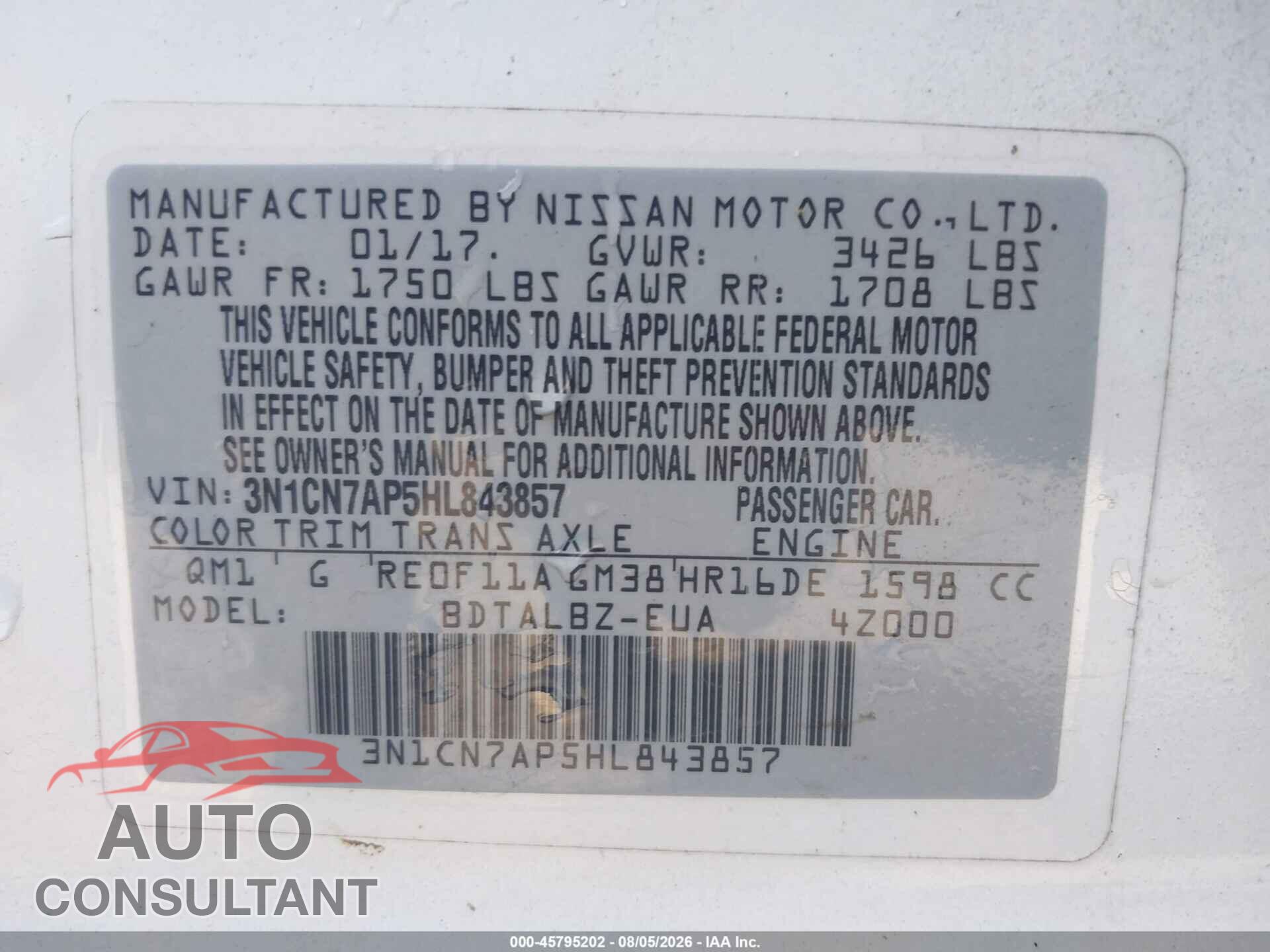 NISSAN VERSA 2017 - 3N1CN7AP5HL843857