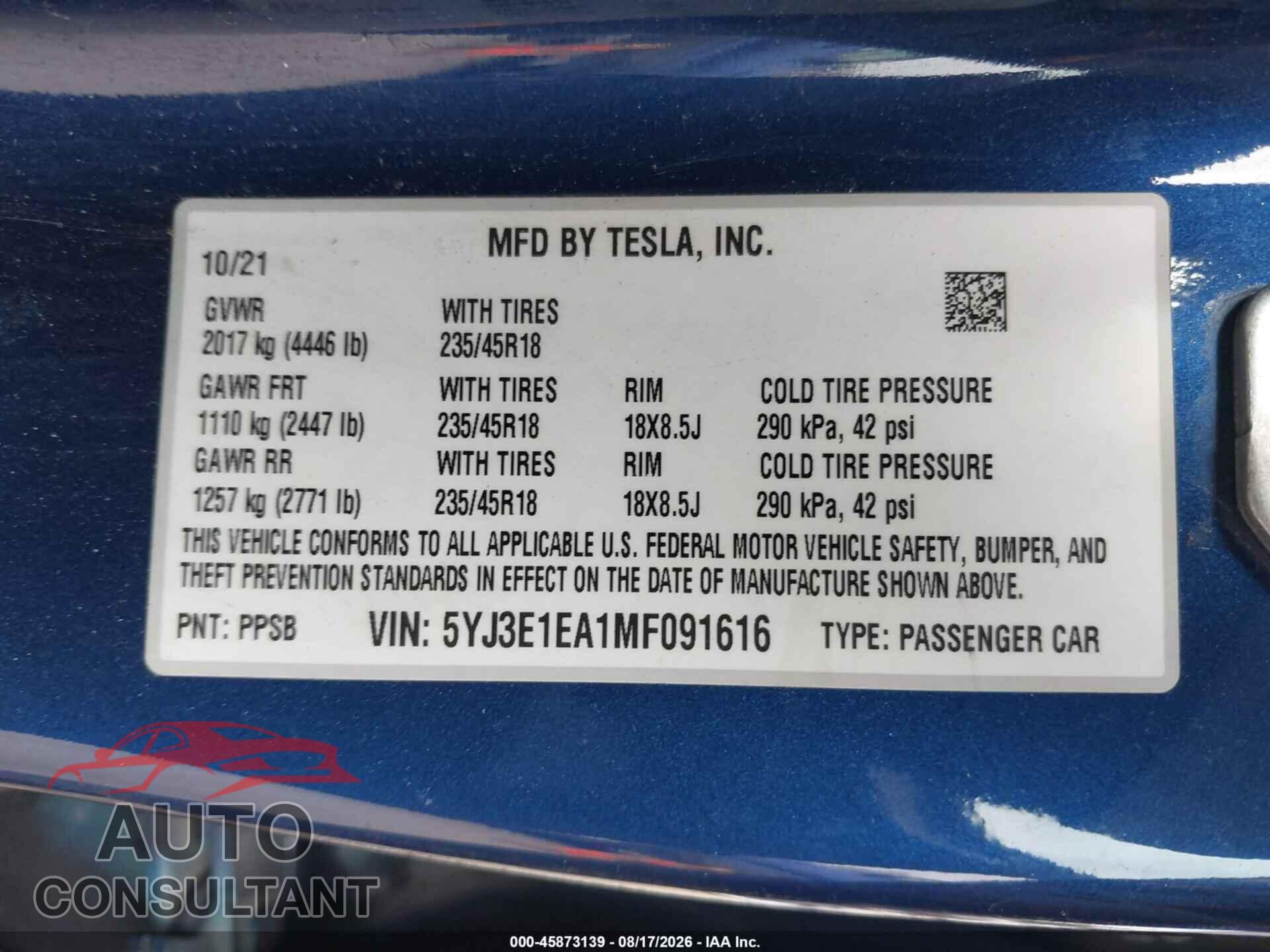 TESLA MODEL 3 2021 - 5YJ3E1EA1MF091616