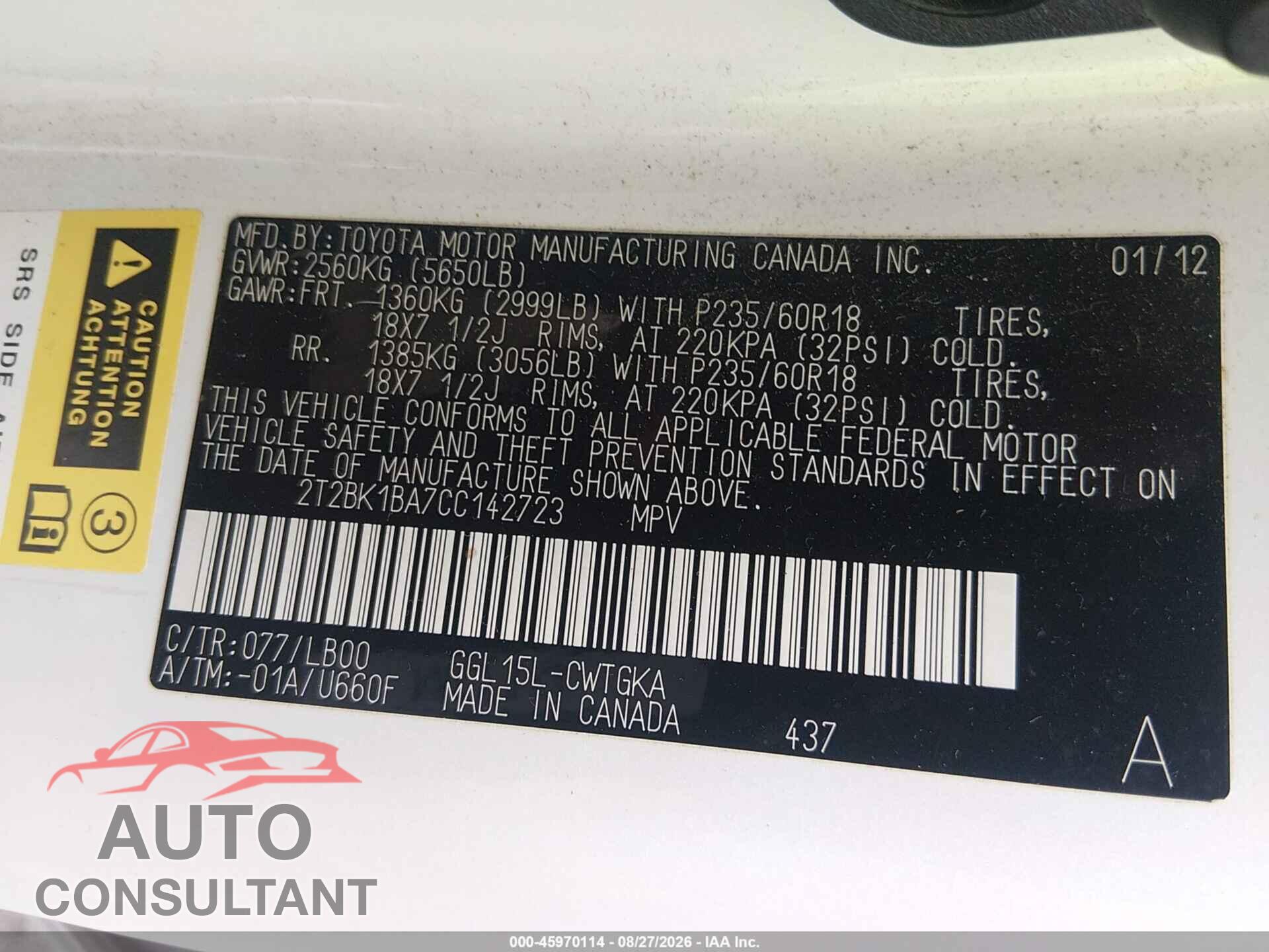 LEXUS RX 350 2012 - 2T2BK1BA7CC142723