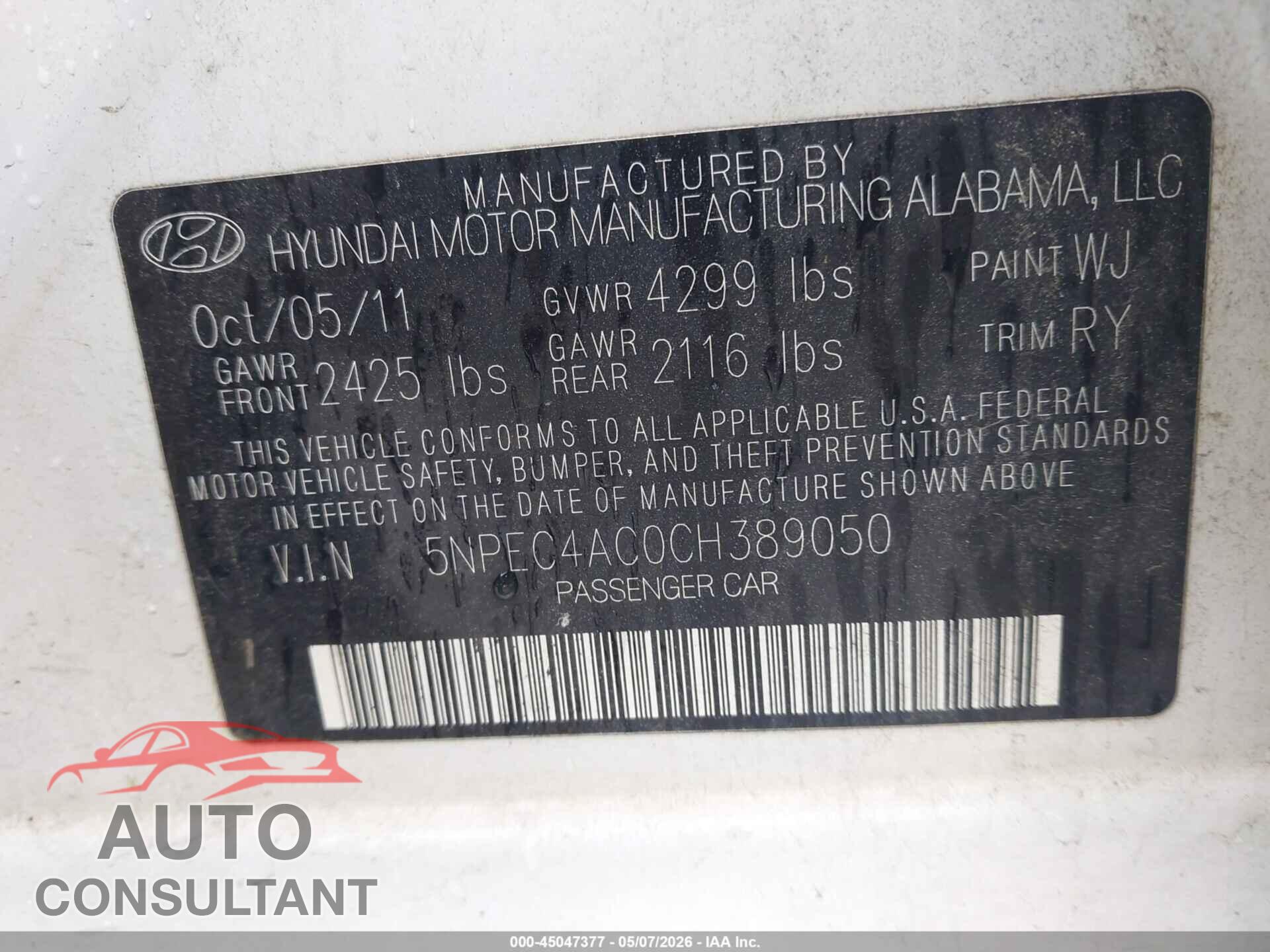HYUNDAI SONATA 2012 - 5NPEC4AC0CH389050