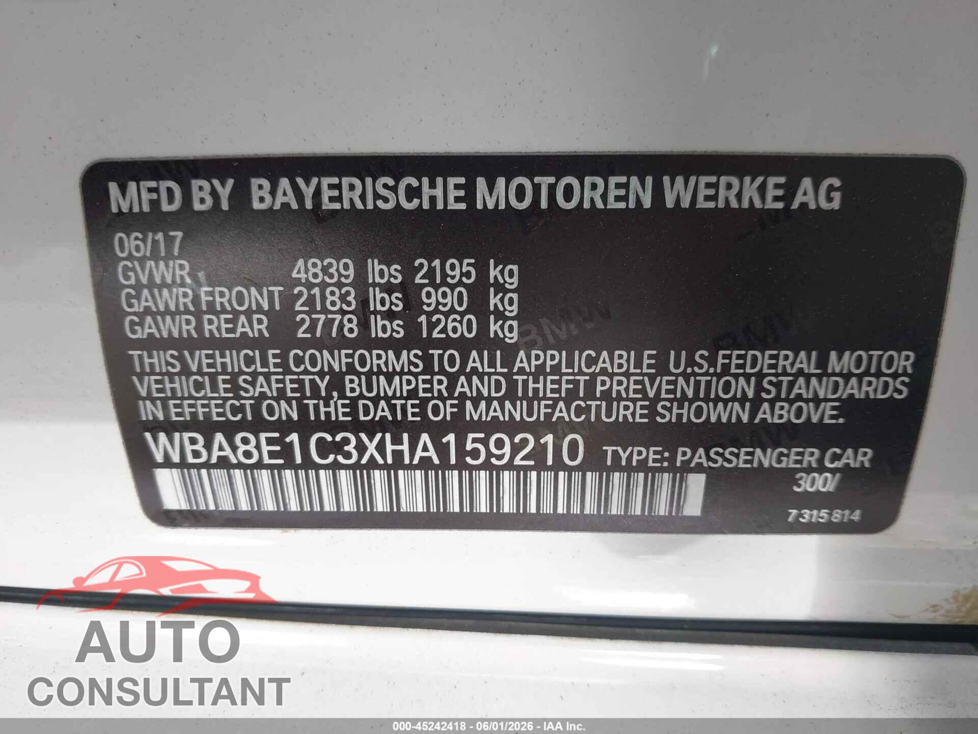 BMW 330E 2017 - WBA8E1C3XHA159210