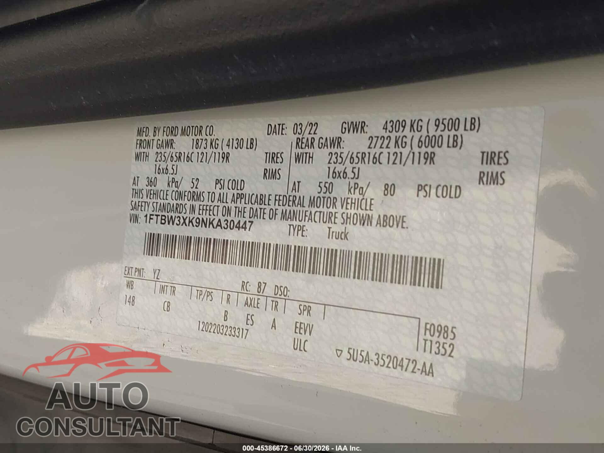FORD E-TRANSIT-350 CARGO VAN 2022 - 1FTBW3XK9NKA30447