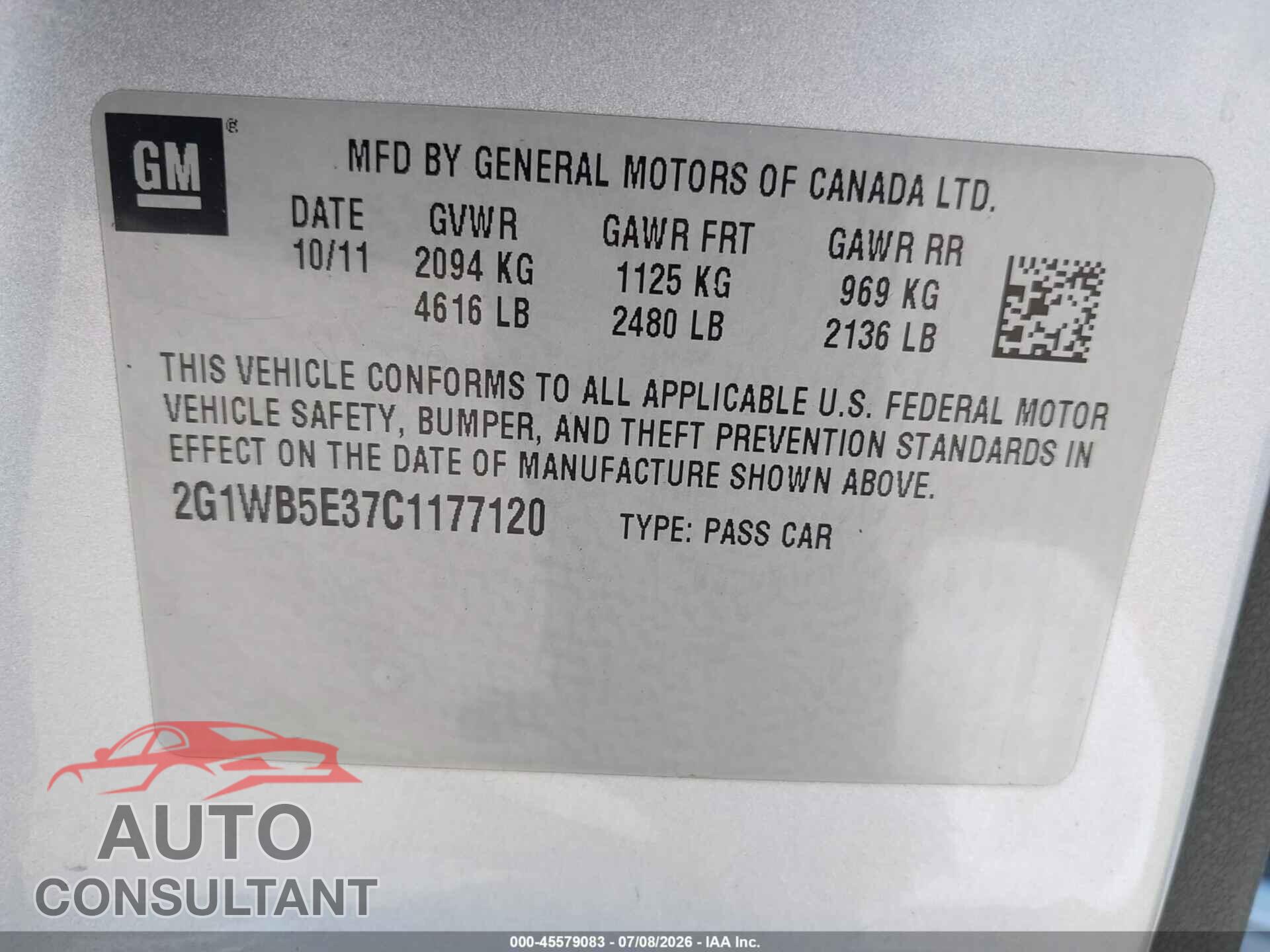 CHEVROLET IMPALA 2012 - 2G1WB5E37C1177120