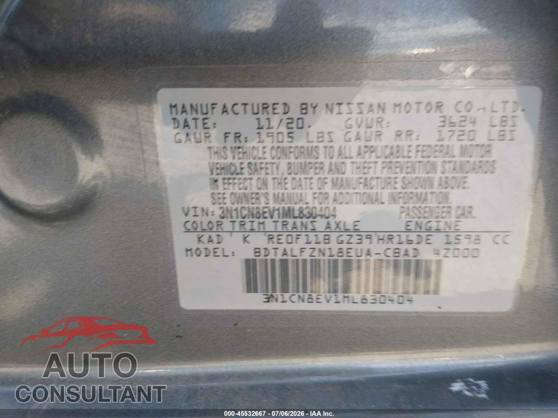 NISSAN VERSA 2021 - 3N1CN8EV1ML830404