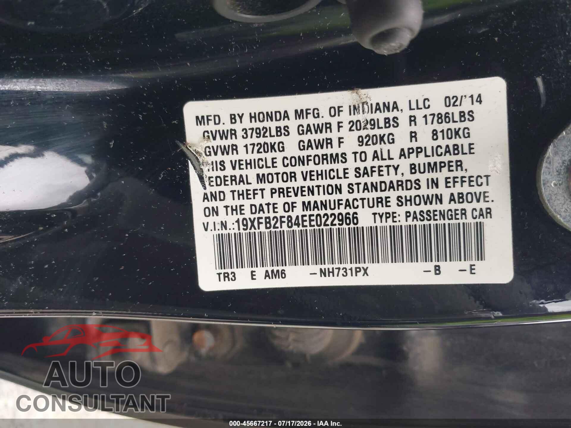 HONDA CIVIC 2014 - 19XFB2F84EE022966