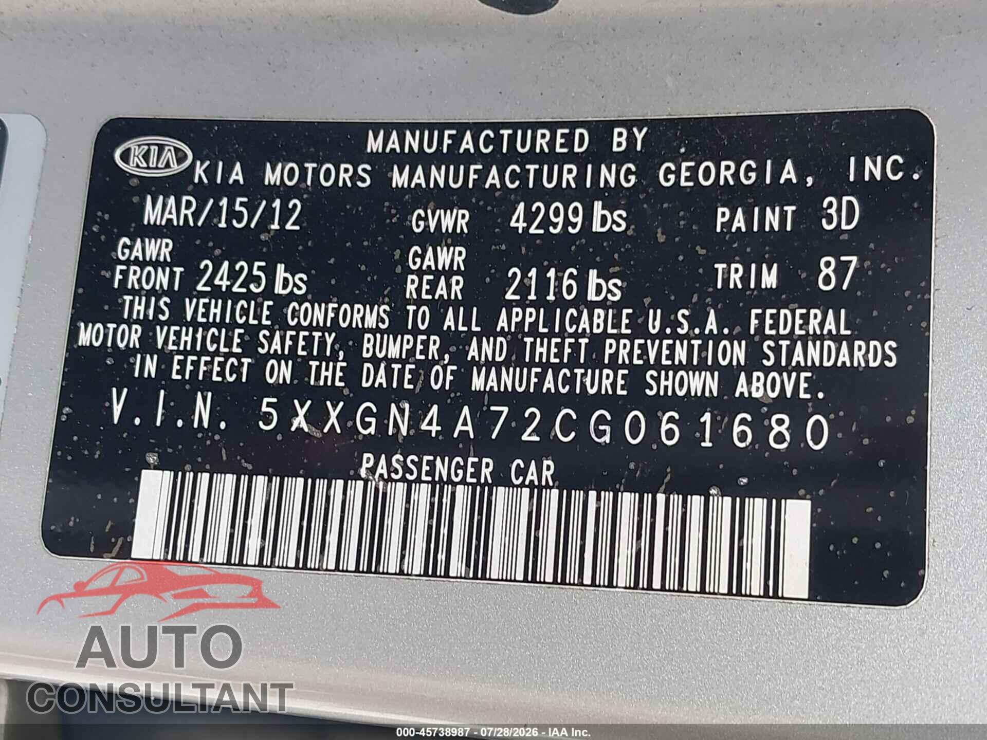 KIA OPTIMA 2012 - 5XXGN4A72CG061680