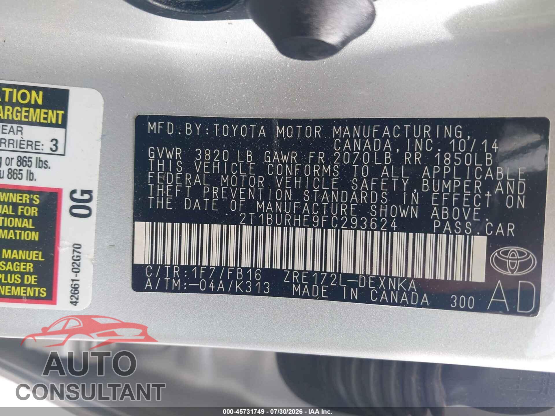 TOYOTA COROLLA 2015 - 2T1BURHE9FC293624