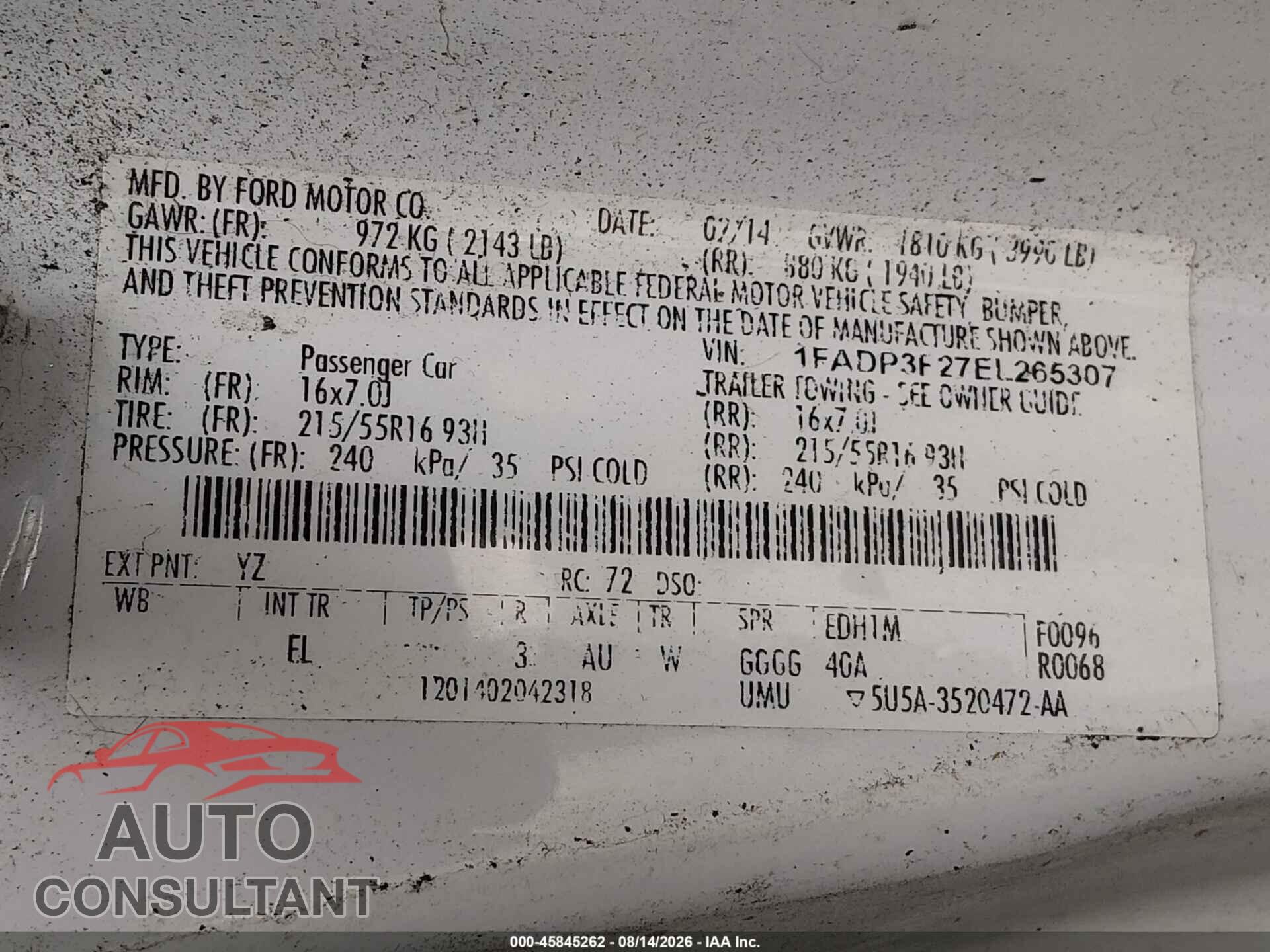 FORD FOCUS 2014 - 1FADP3F27EL265307