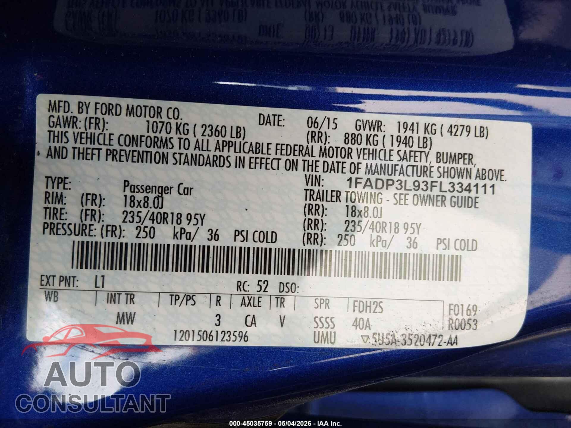 FORD FOCUS ST 2015 - 1FADP3L93FL334111