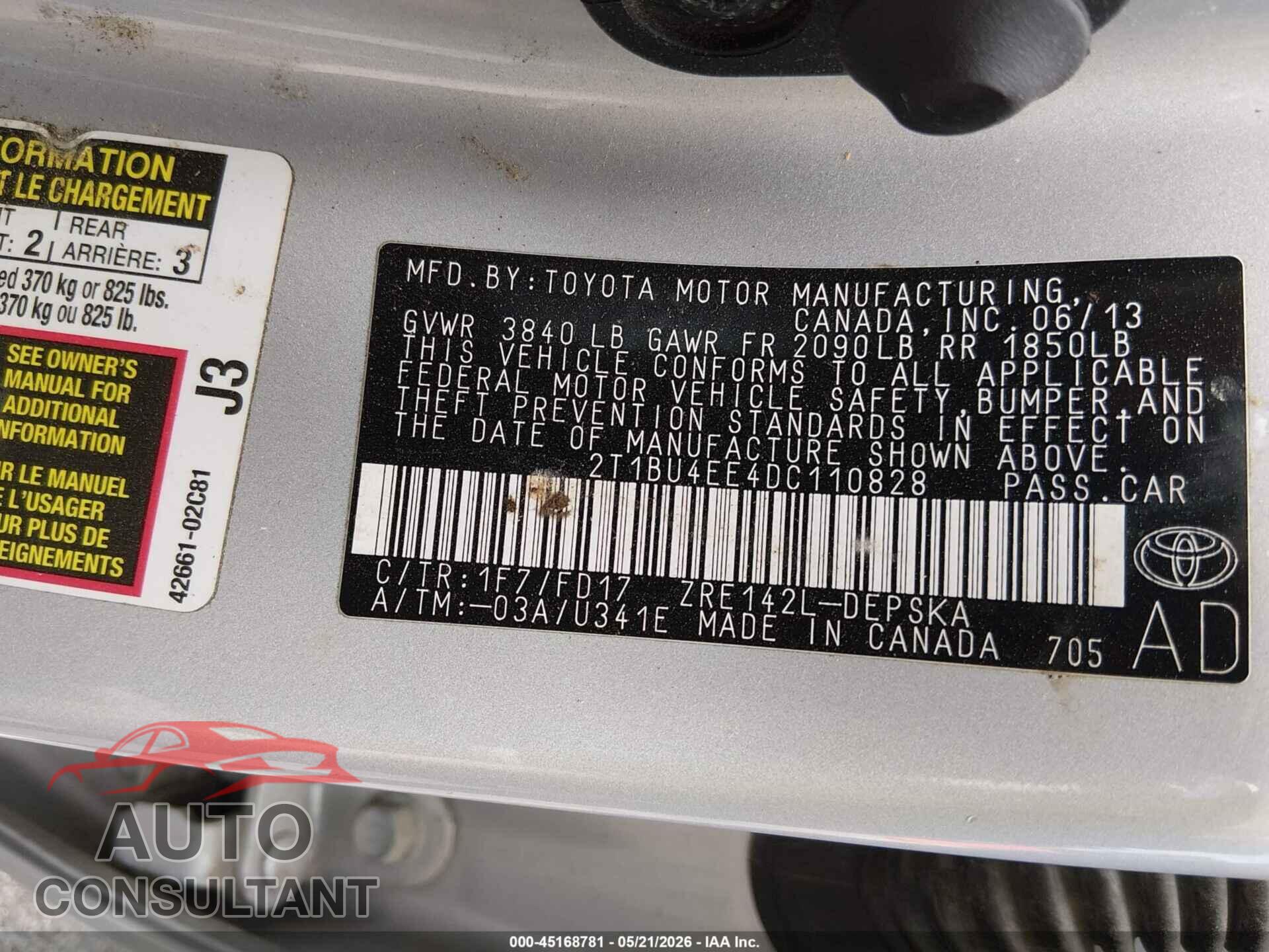 TOYOTA COROLLA 2013 - 2T1BU4EE4DC110828