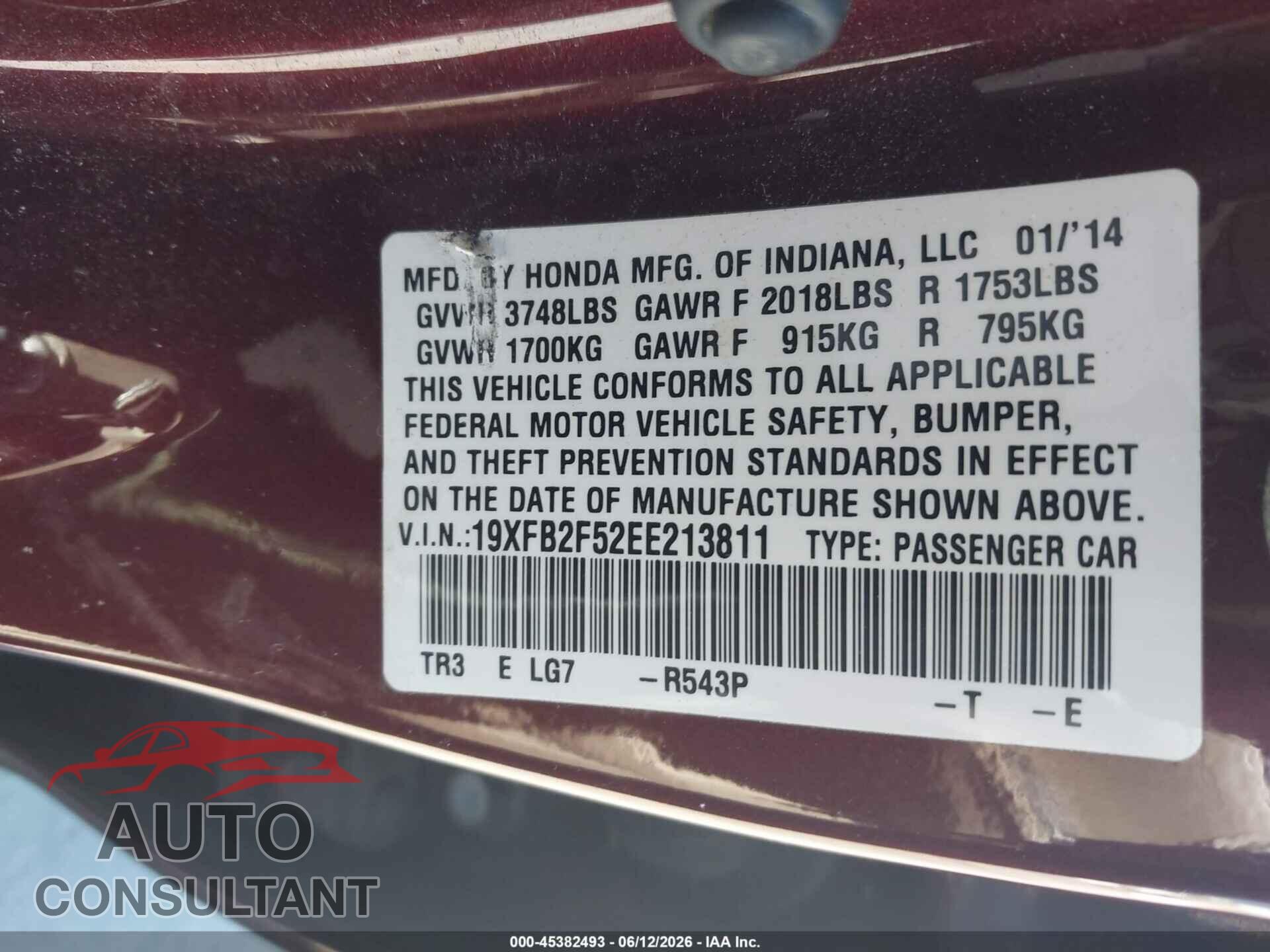 HONDA CIVIC 2014 - 19XFB2F52EE213811