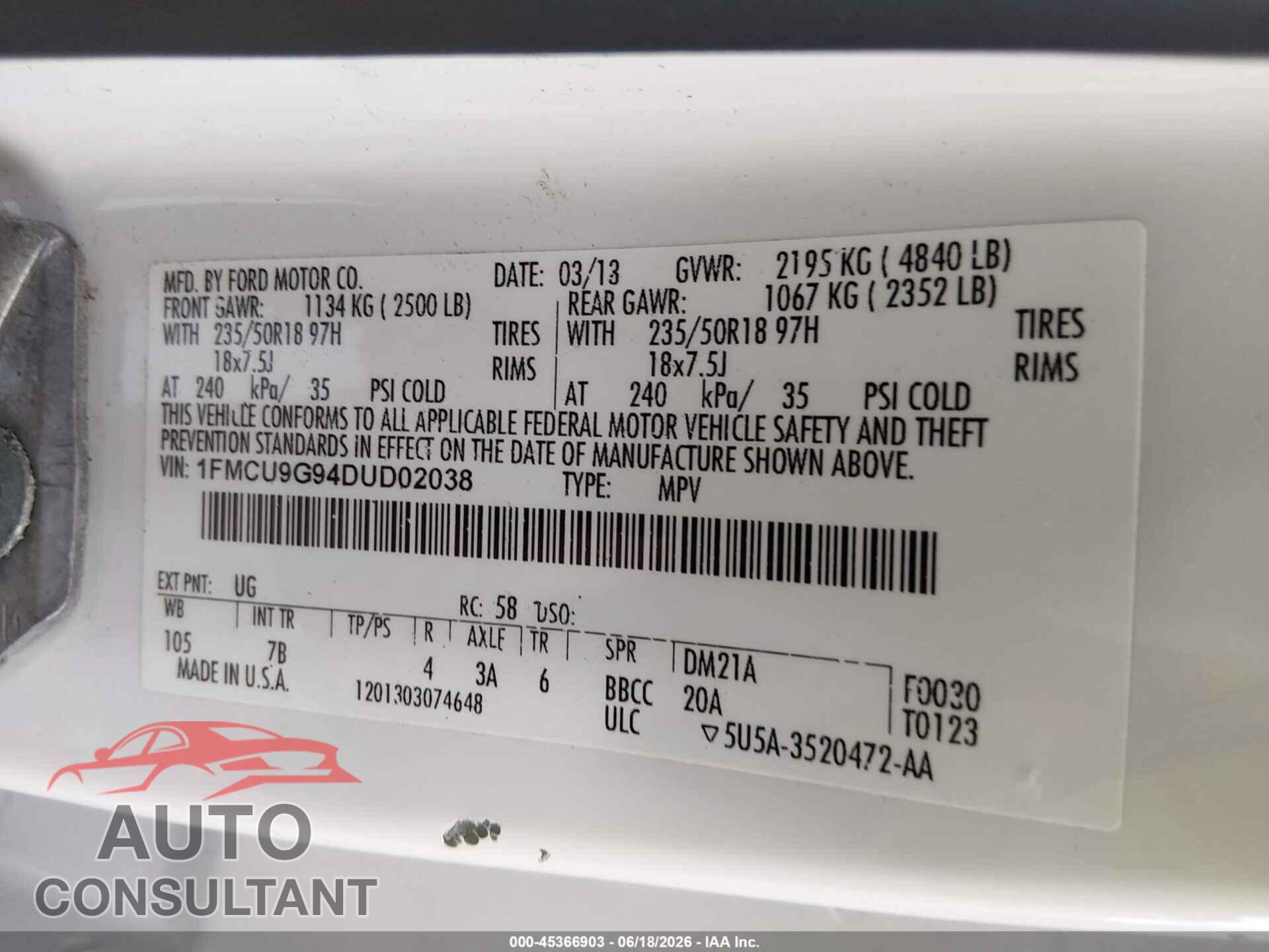 FORD ESCAPE 2013 - 1FMCU9G94DUD02038