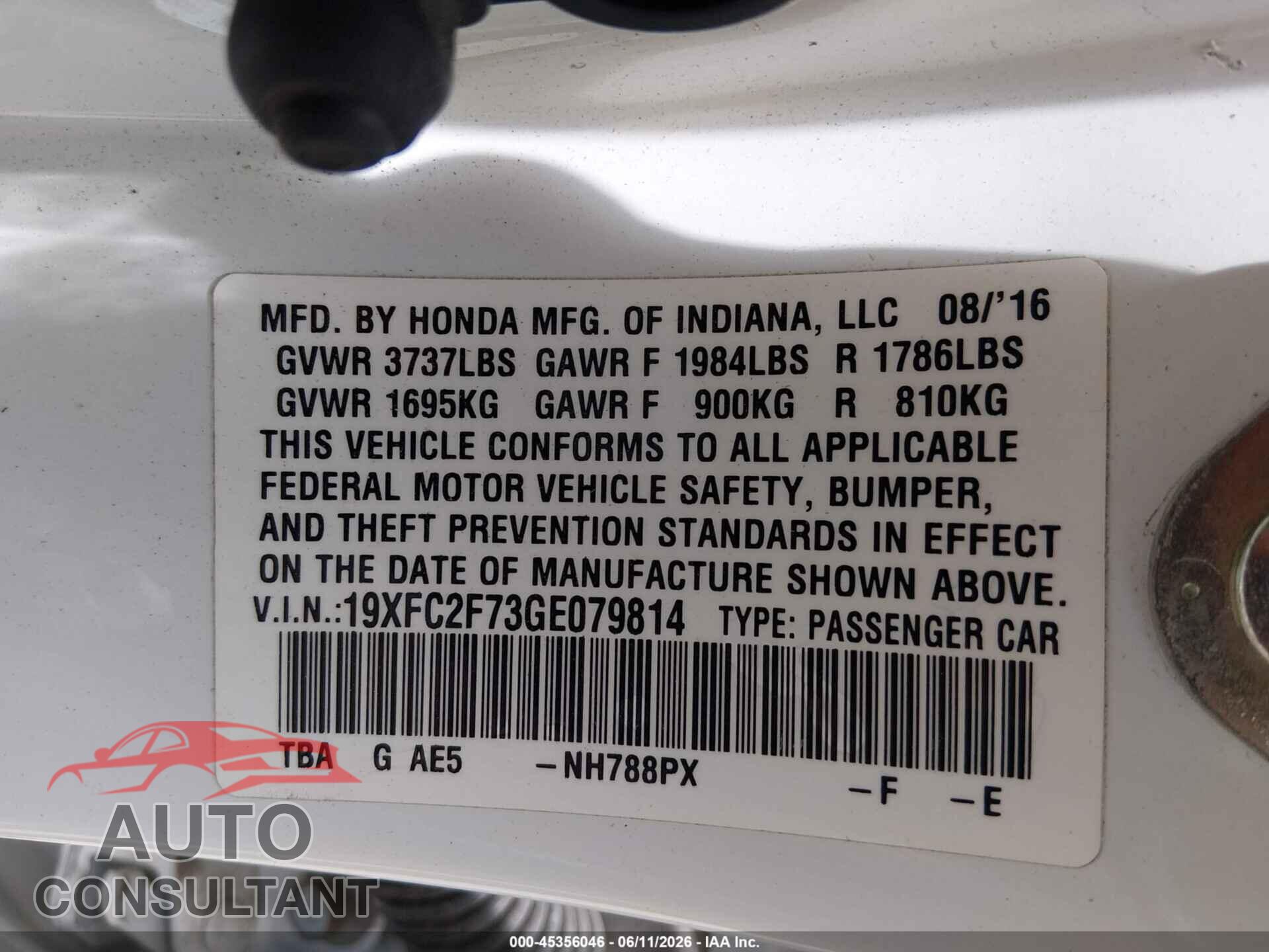 HONDA CIVIC 2016 - 19XFC2F73GE079814