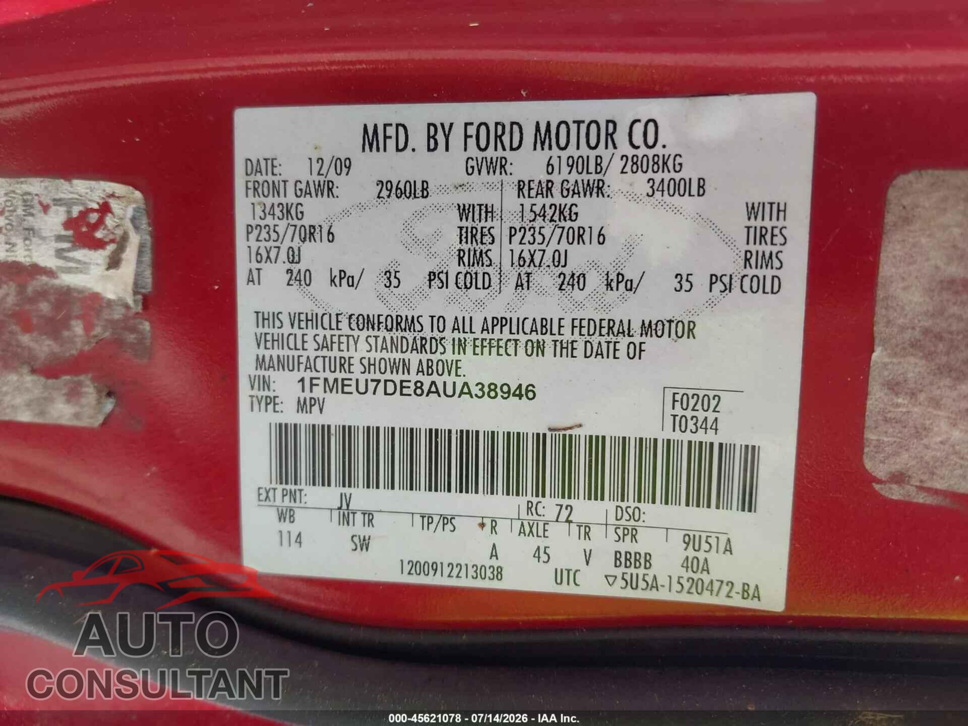 FORD EXPLORER 2010 - 1FMEU7DE8AUA38946