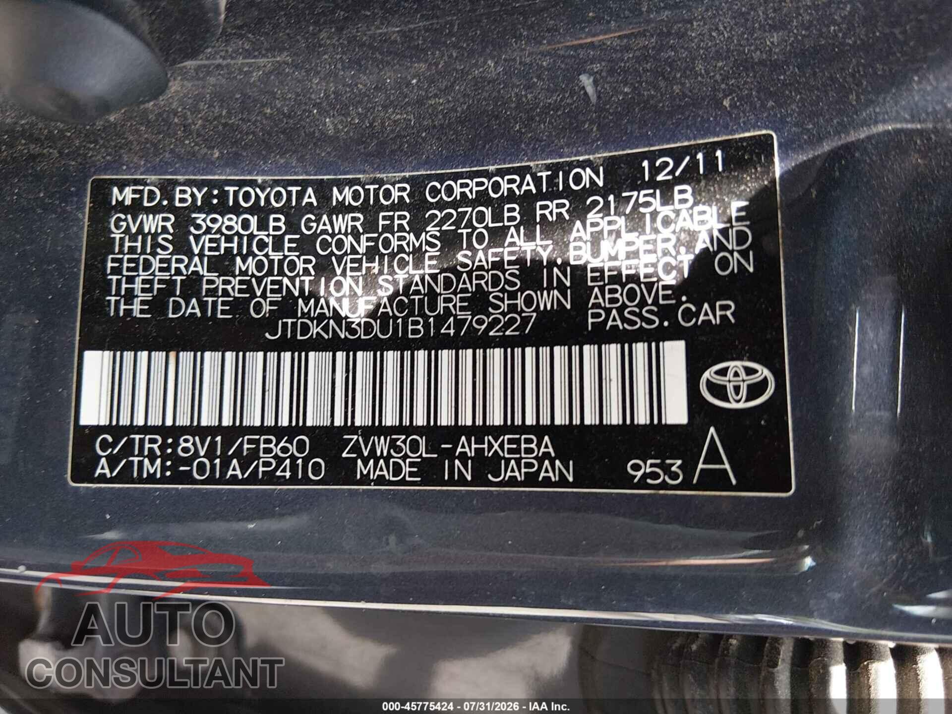 TOYOTA PRIUS 2011 - JTDKN3DU1B1479227