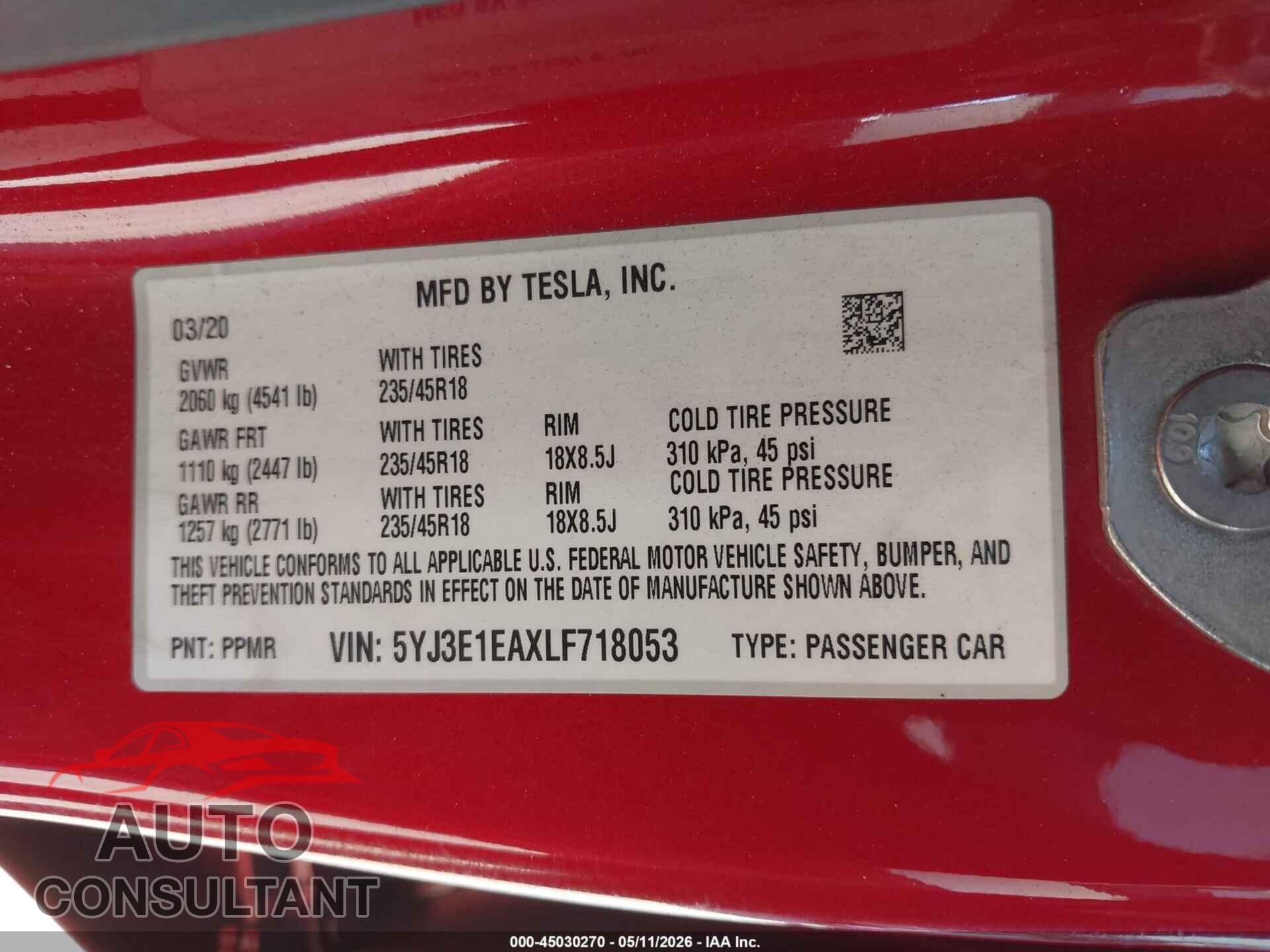 TESLA MODEL 3 2020 - 5YJ3E1EAXLF718053