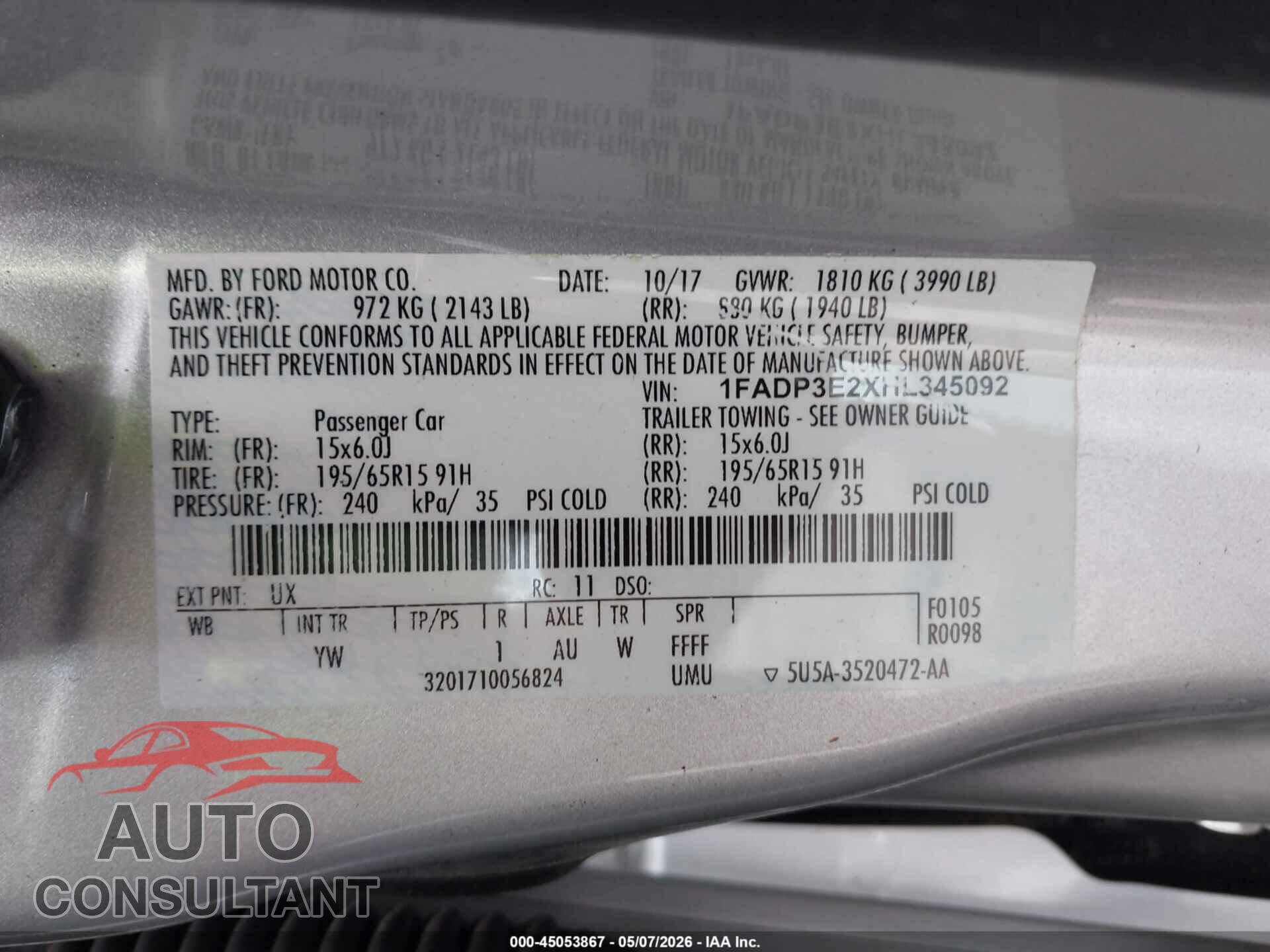 FORD FOCUS 2017 - 1FADP3E2XHL345092