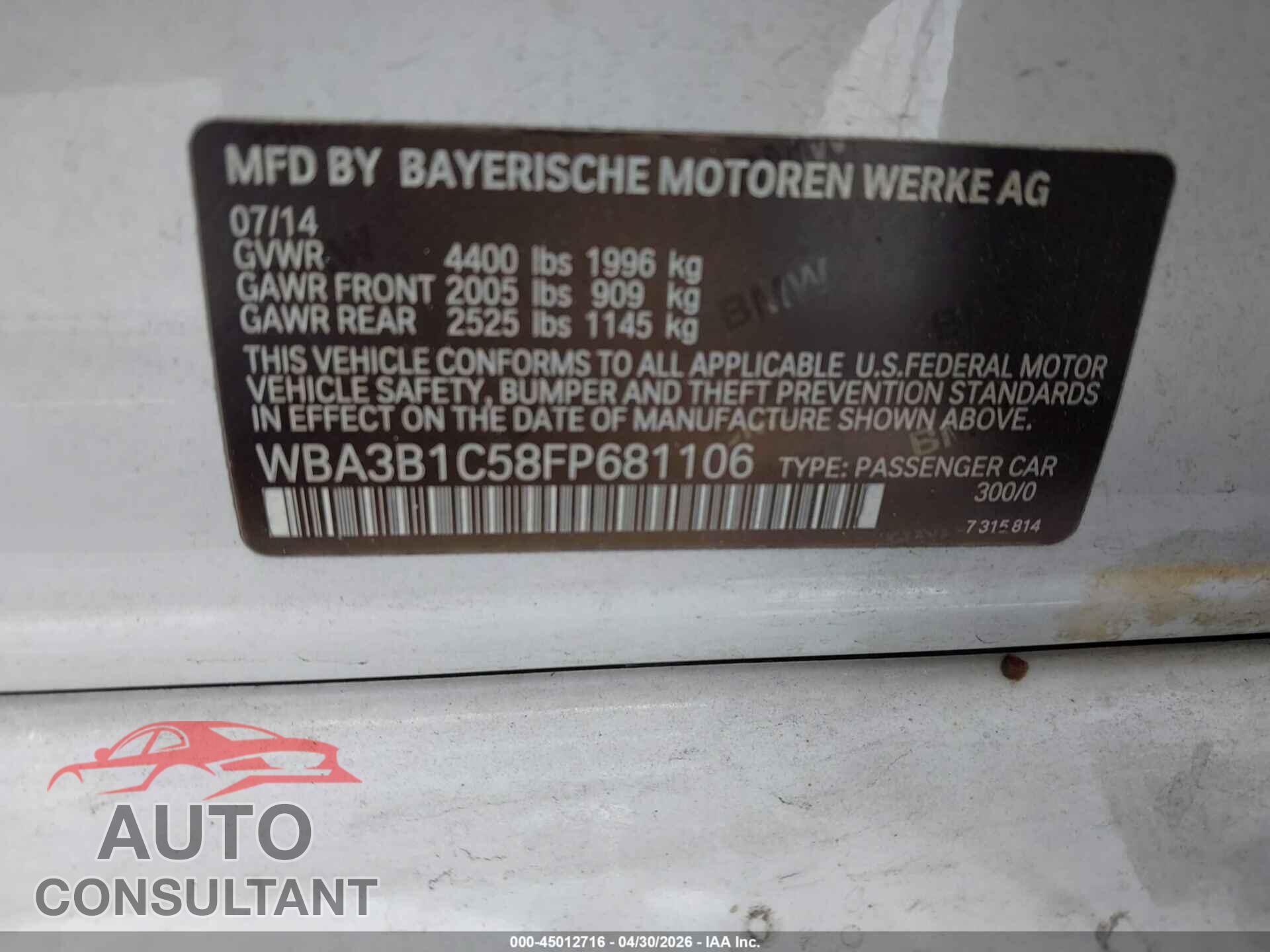 BMW 320I 2015 - WBA3B1C58FP681106