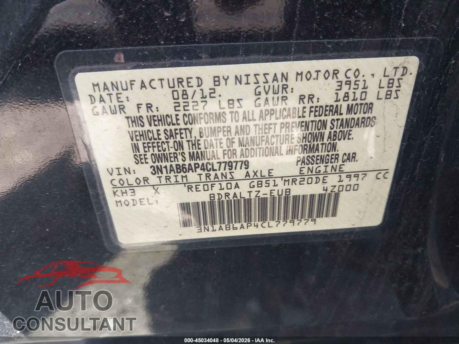 NISSAN SENTRA 2012 - 3N1AB6AP4CL779779