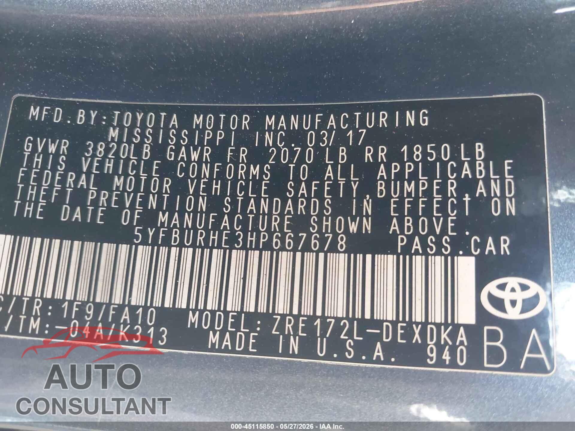 TOYOTA COROLLA 2017 - 5YFBURHE3HP667678