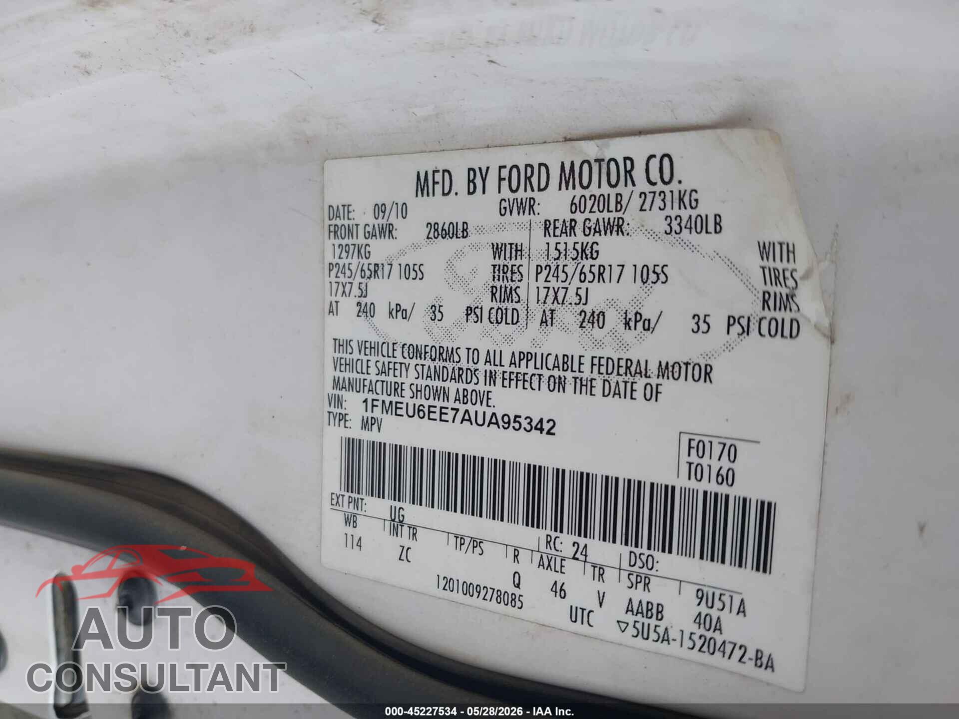 FORD EXPLORER 2010 - 1FMEU6EE7AUA95342