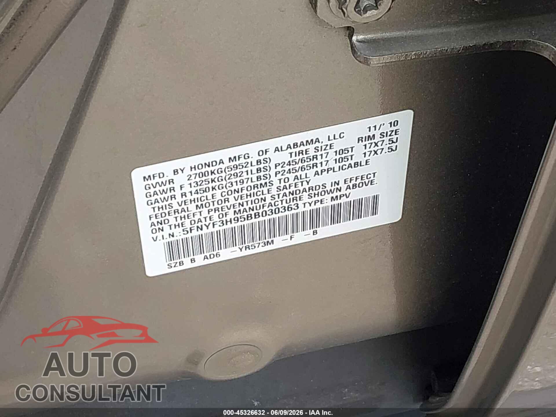 HONDA PILOT 2011 - 5FNYF3H95BB030363