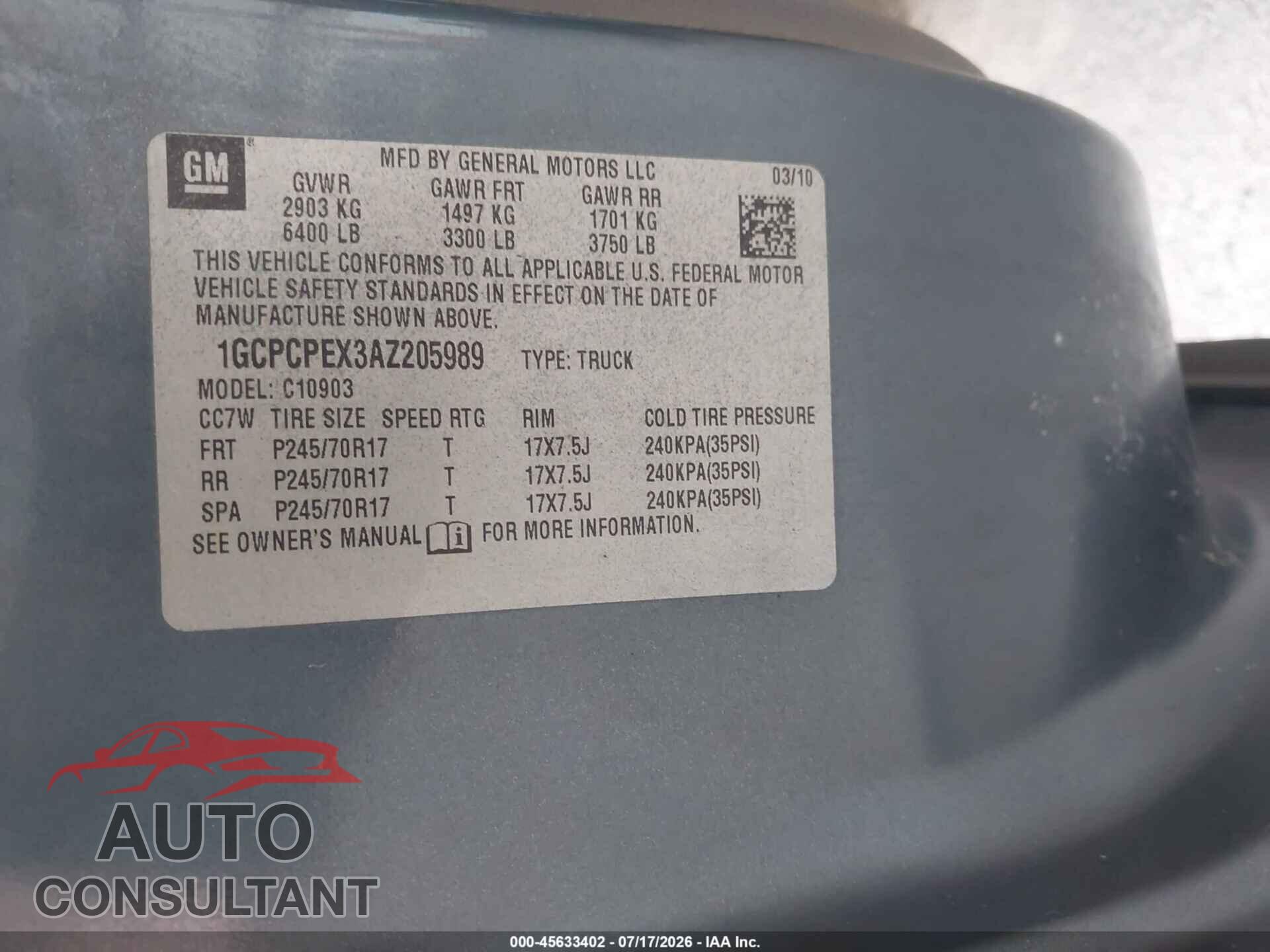 CHEVROLET SILVERADO 1500 2010 - 1GCPCPEX3AZ205989