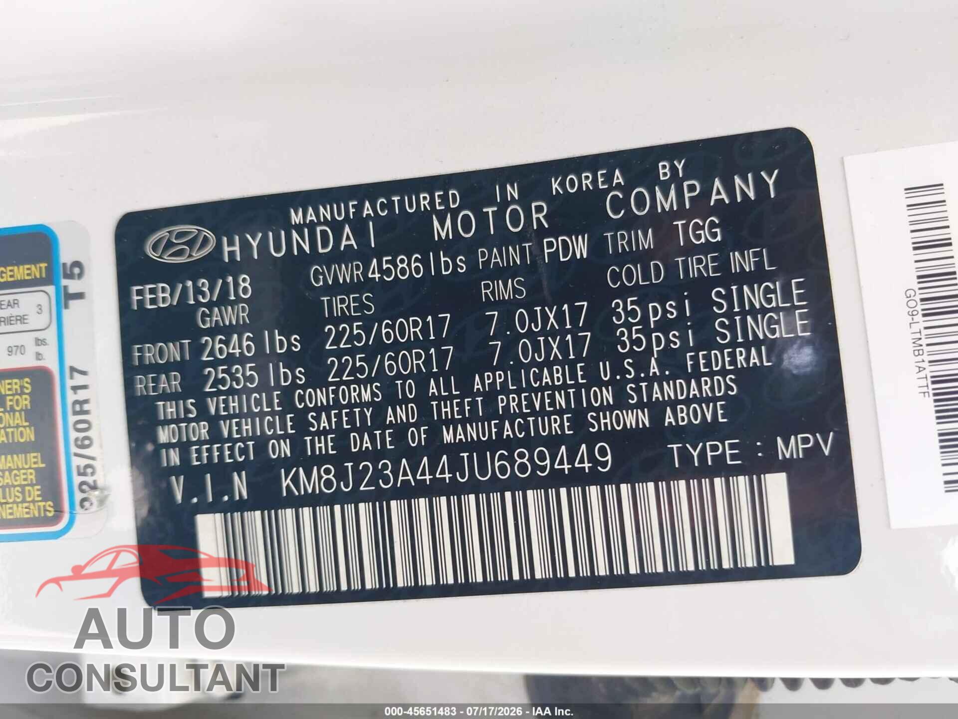 HYUNDAI TUCSON 2018 - KM8J23A44JU689449