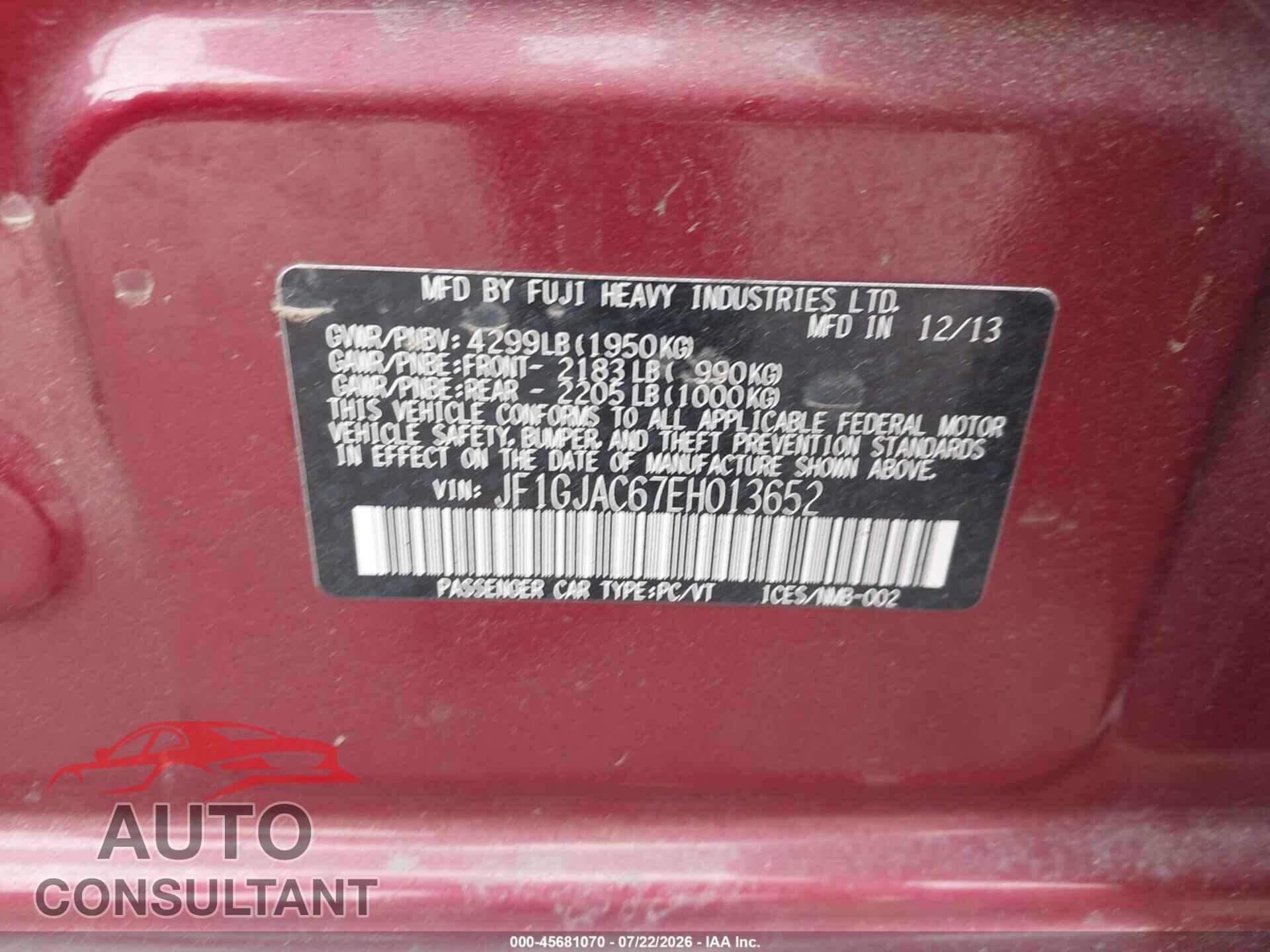 SUBARU IMPREZA 2014 - JF1GJAC67EH013652