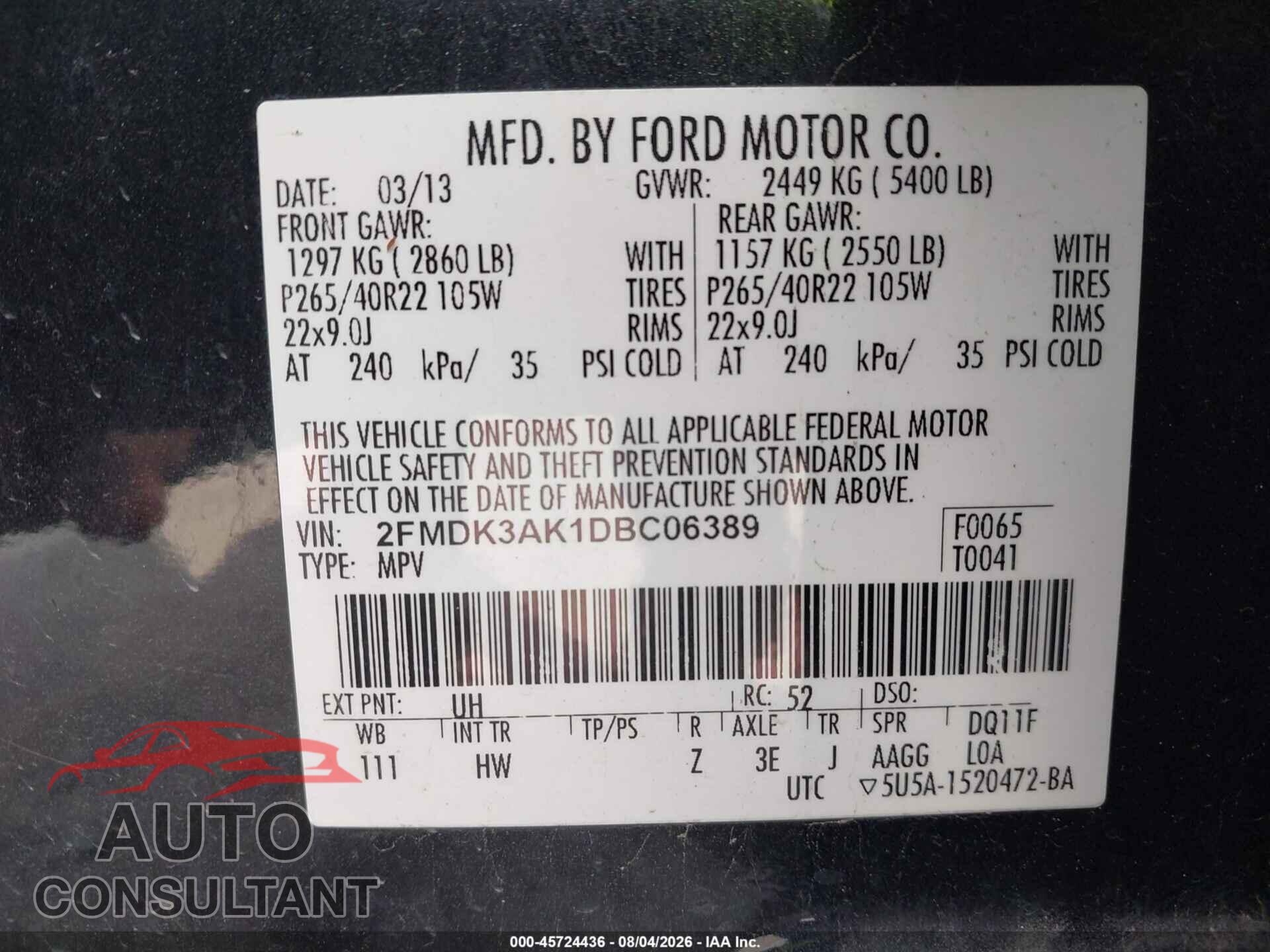 FORD EDGE 2013 - 2FMDK3AK1DBC06389