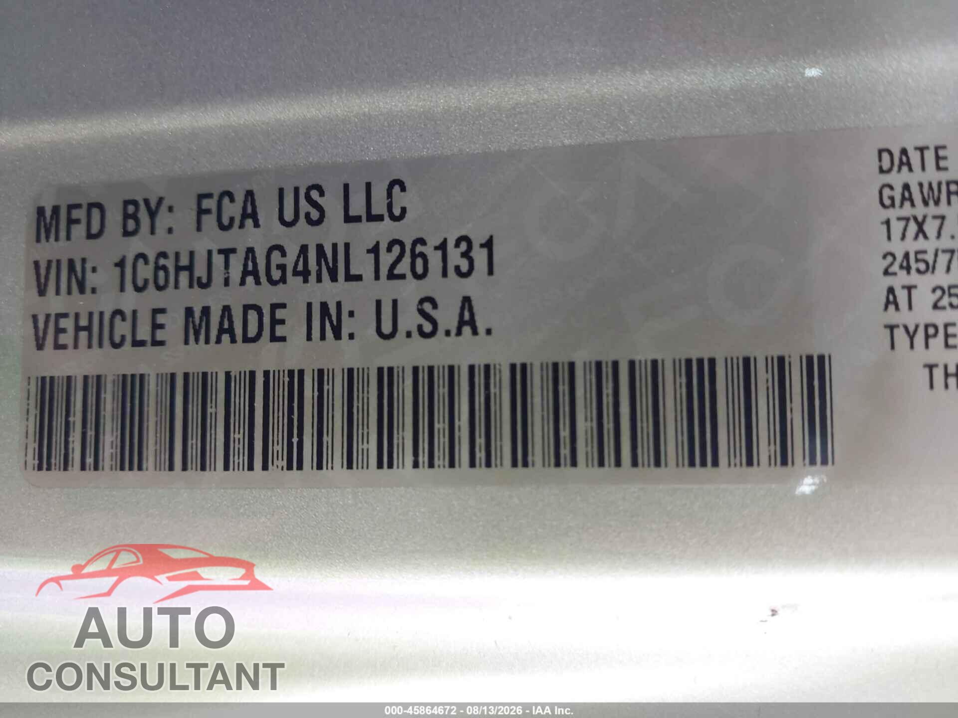 JEEP GLADIATOR 2022 - 1C6HJTAG4NL126131