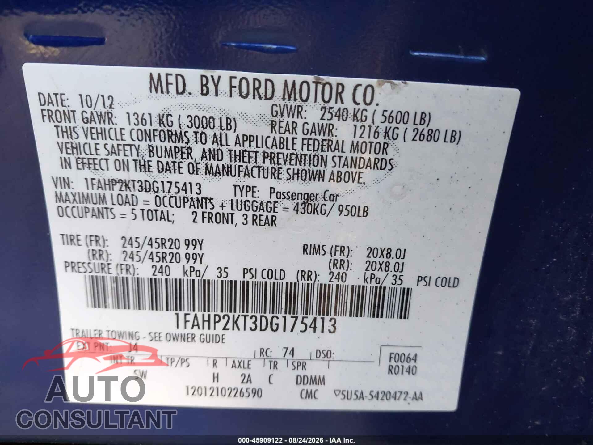 FORD TAURUS 2013 - 1FAHP2KT3DG175413