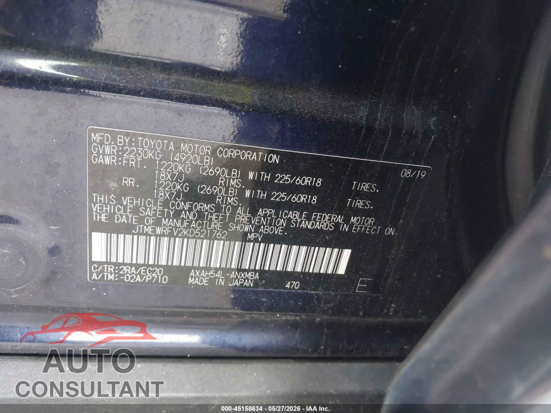 TOYOTA RAV4 HYBRID 2019 - JTMEWRFV2KD521762