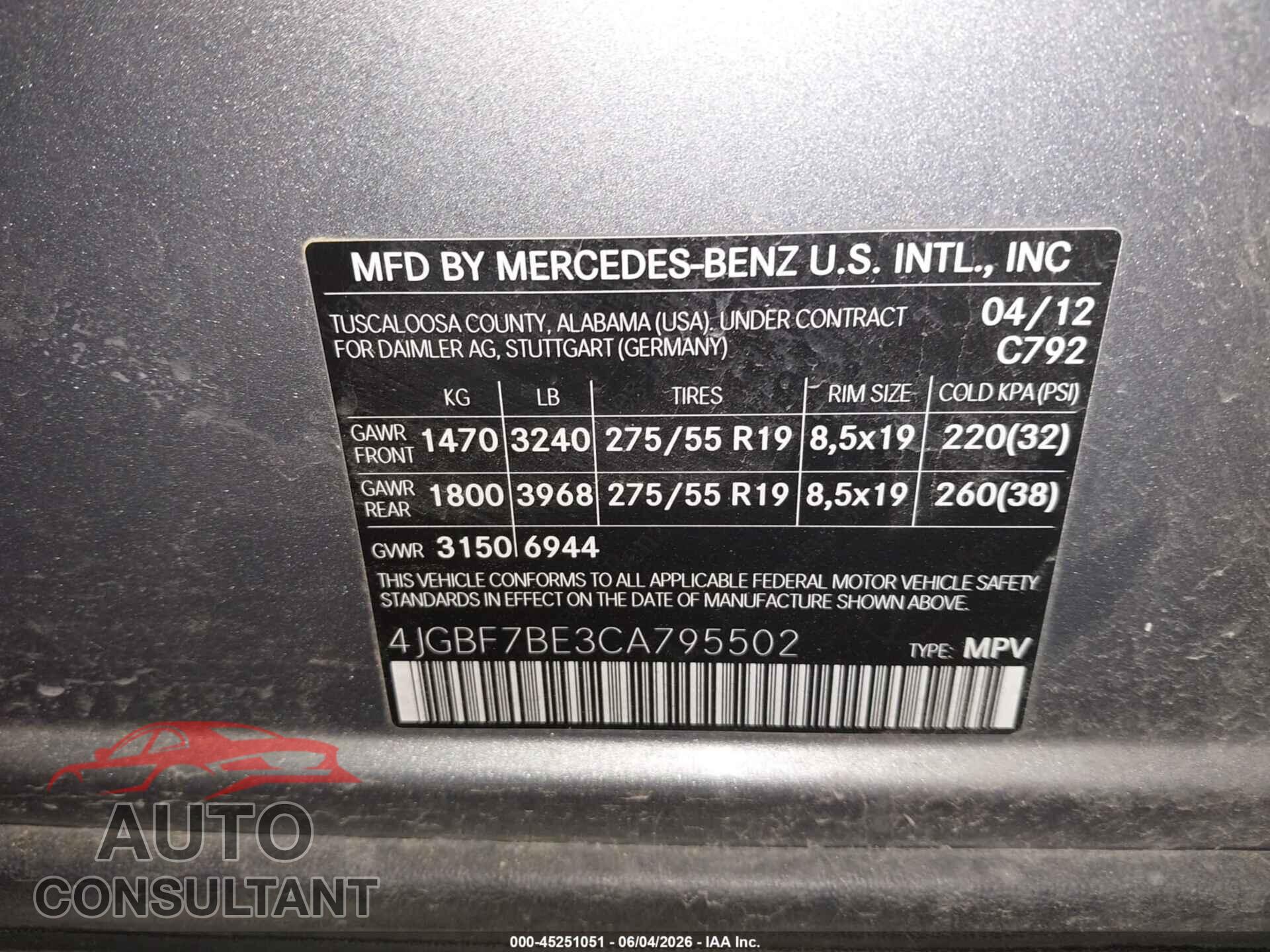 MERCEDES-BENZ GL 450 2012 - 4JGBF7BE3CA795502