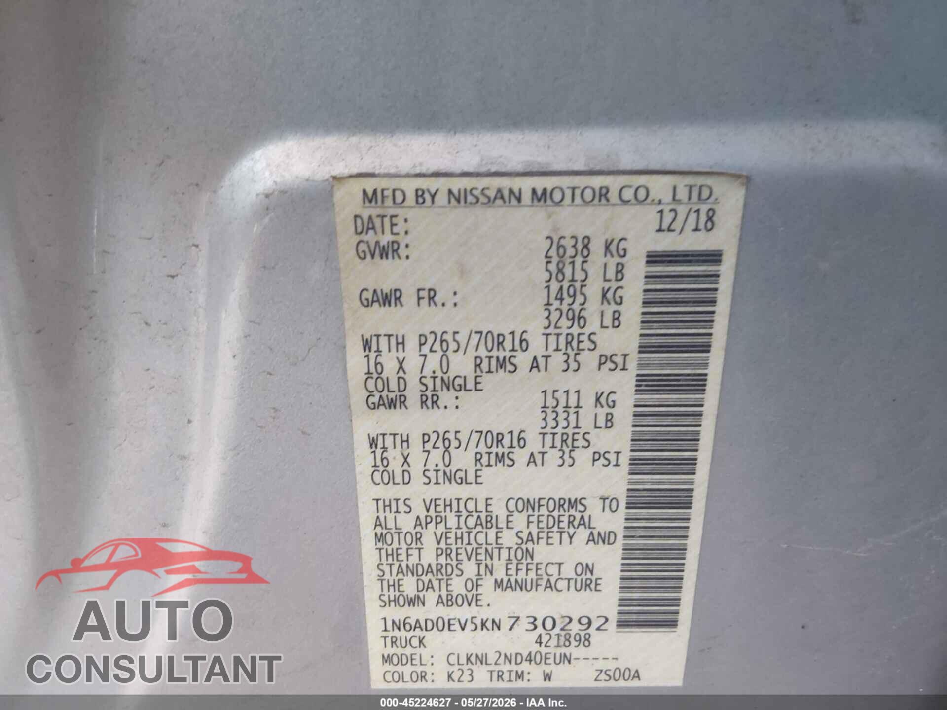 NISSAN FRONTIER 2019 - 1N6AD0EV5KN730292