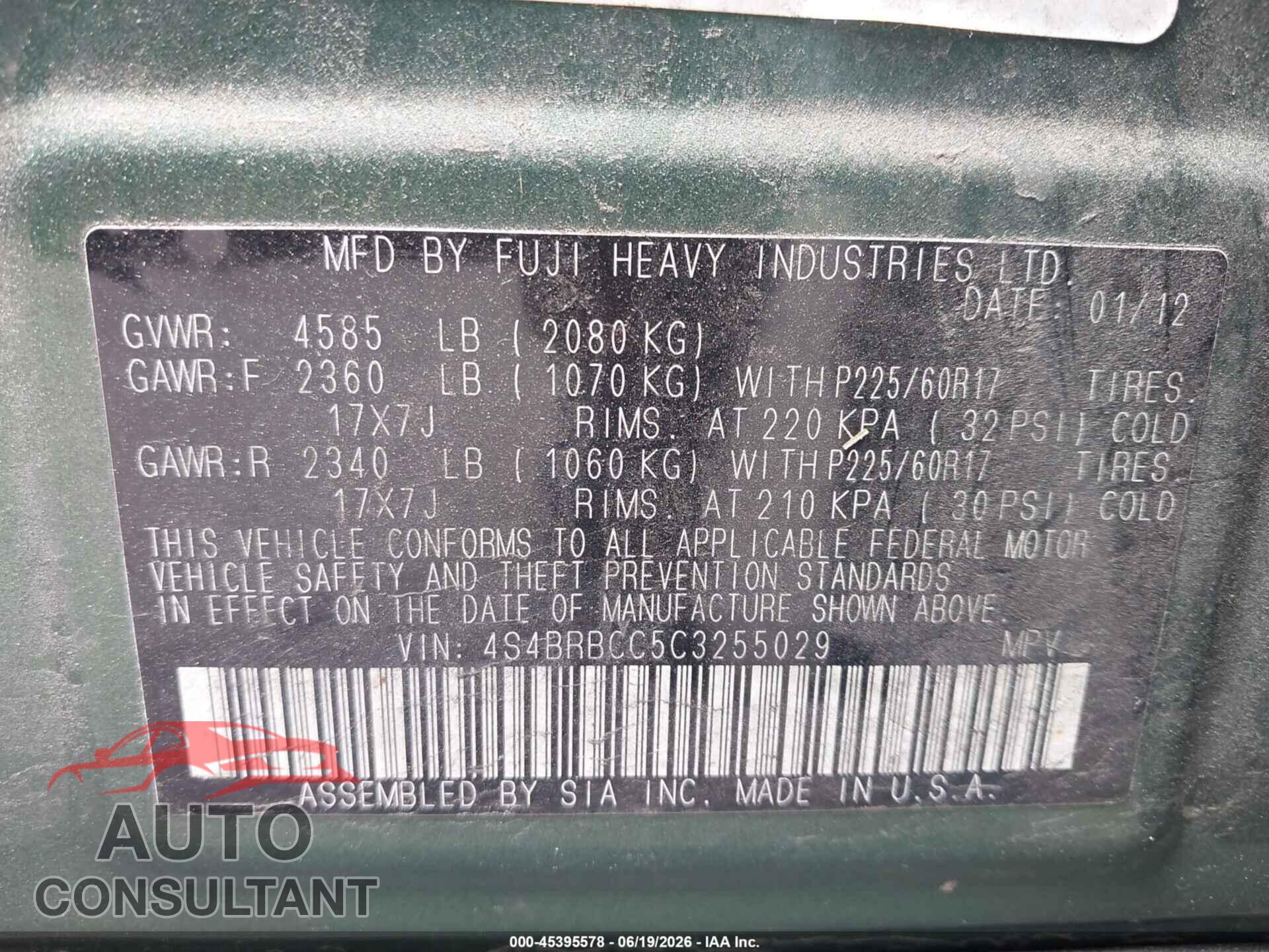 SUBARU OUTBACK 2012 - 4S4BRBCC5C3255029