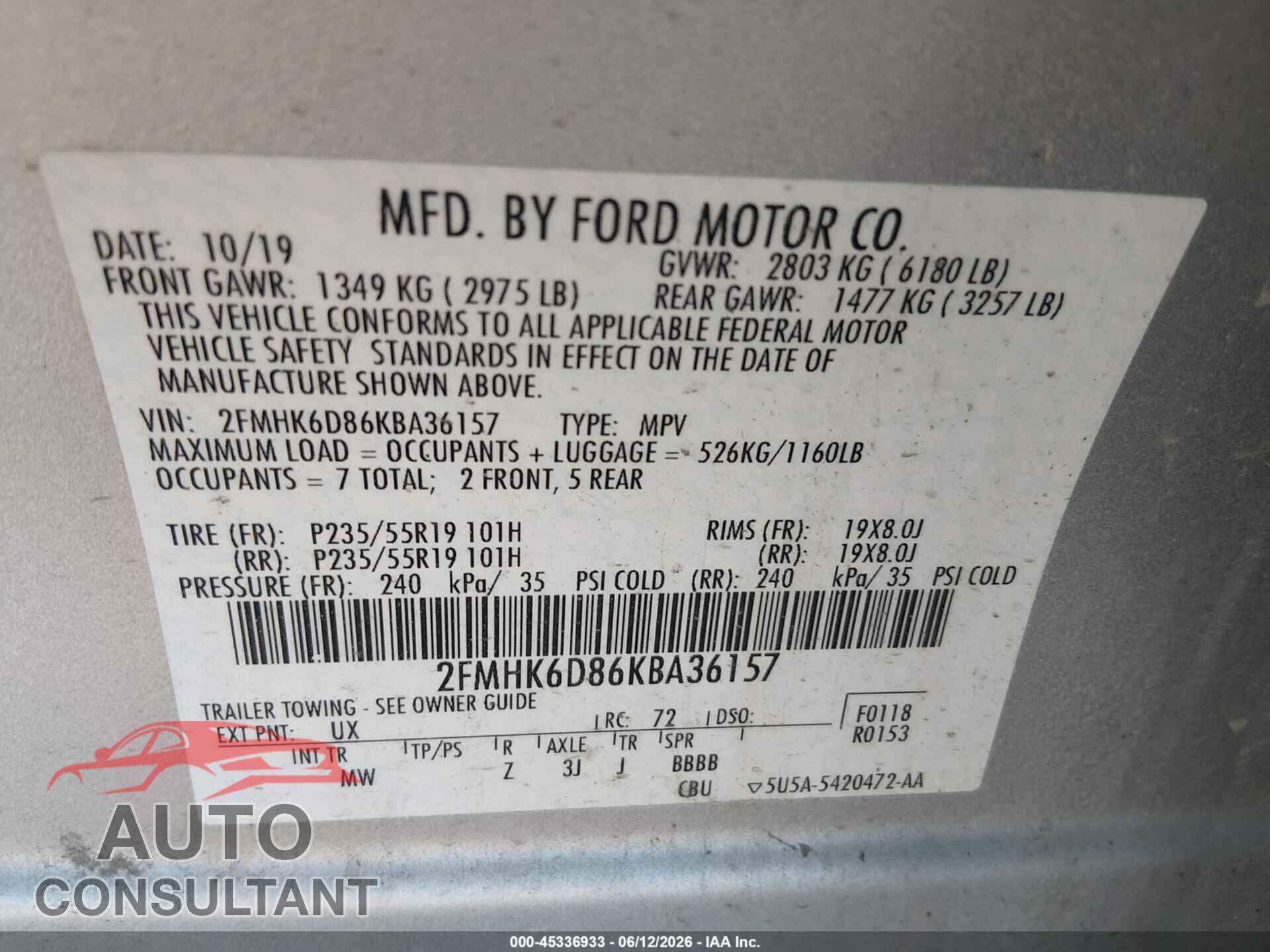 FORD FLEX 2019 - 2FMHK6D86KBA36157