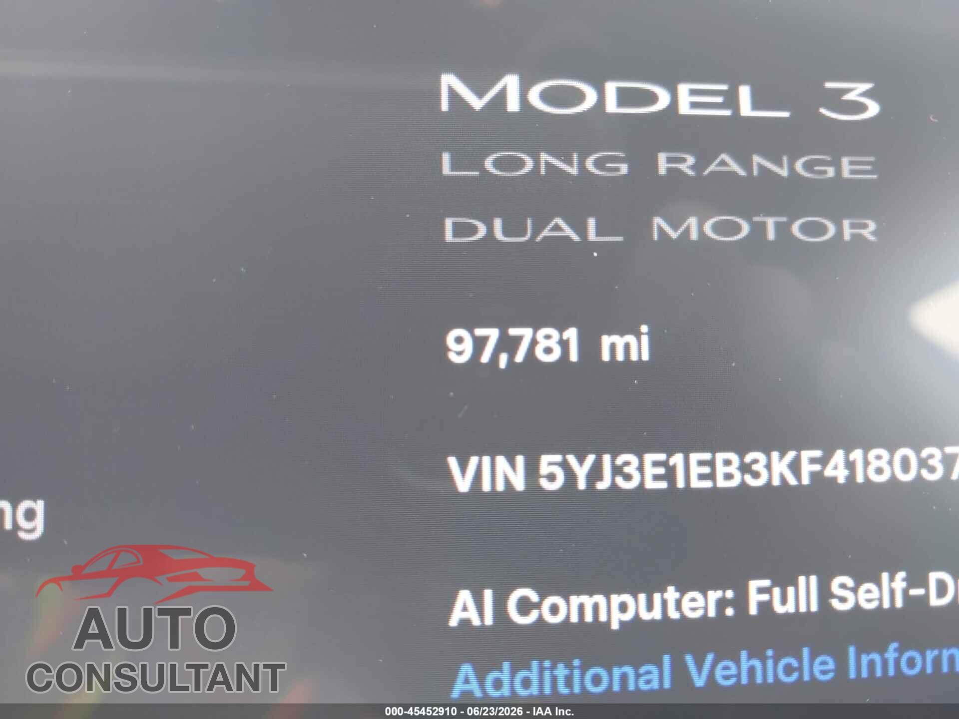 TESLA MODEL 3 2019 - 5YJ3E1EB3KF418037