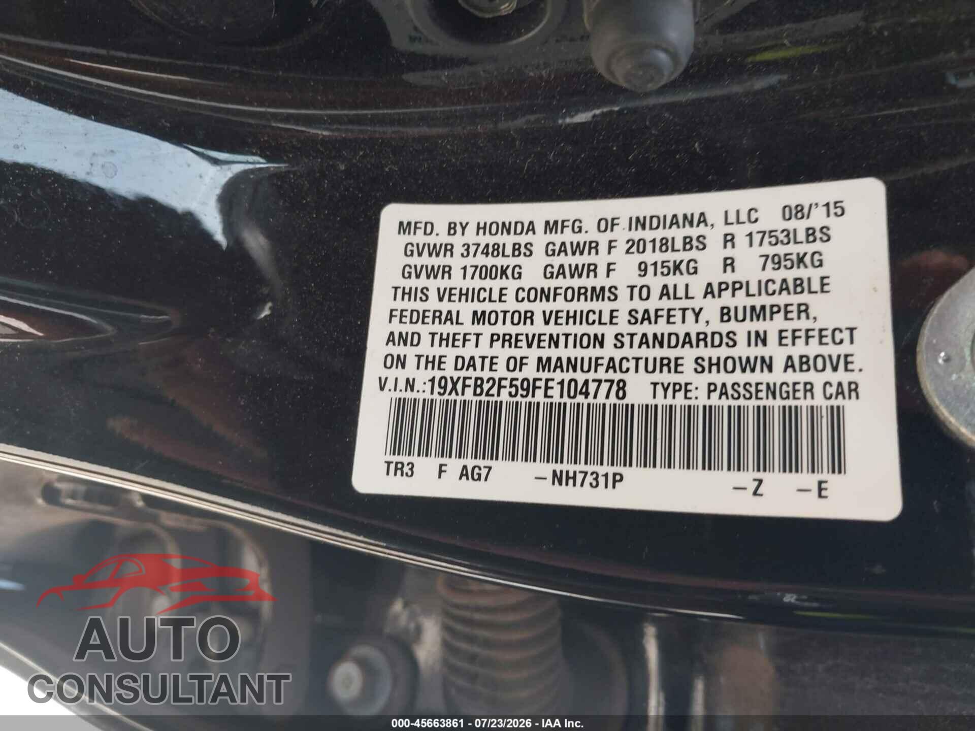 HONDA CIVIC 2015 - 19XFB2F59FE104778