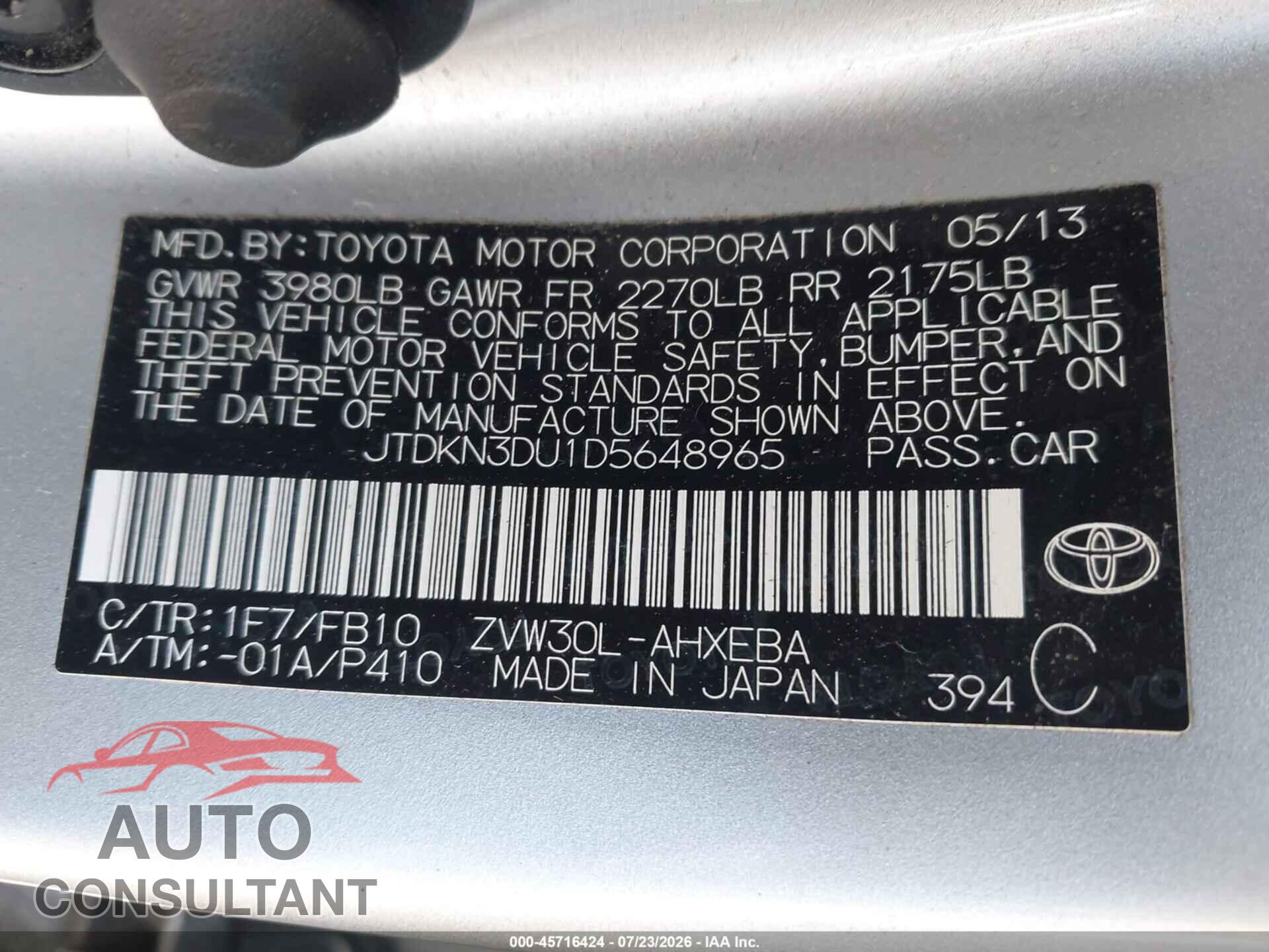TOYOTA PRIUS 2013 - JTDKN3DU1D5648965