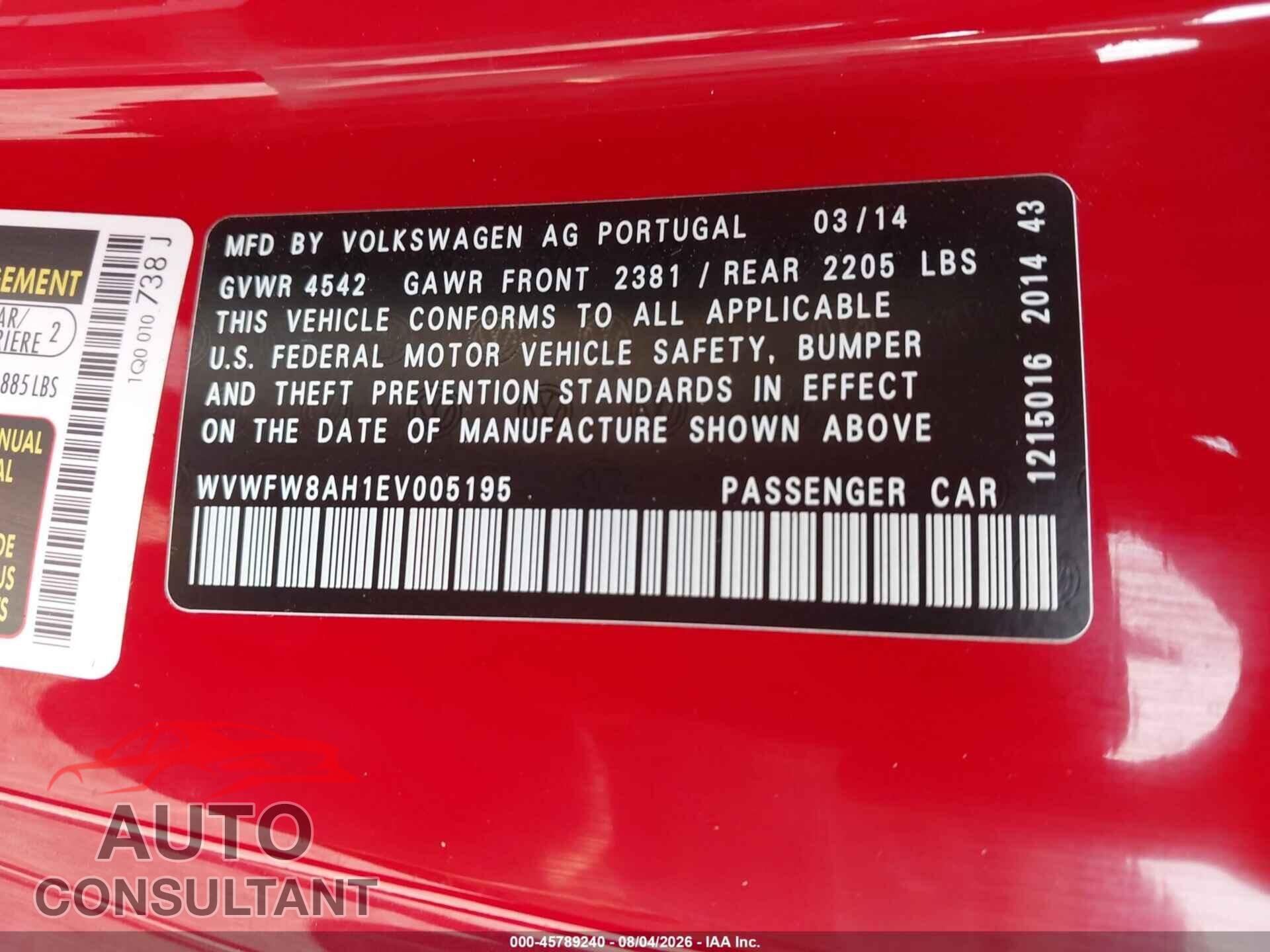 VOLKSWAGEN EOS 2014 - WVWFW8AH1EV005195