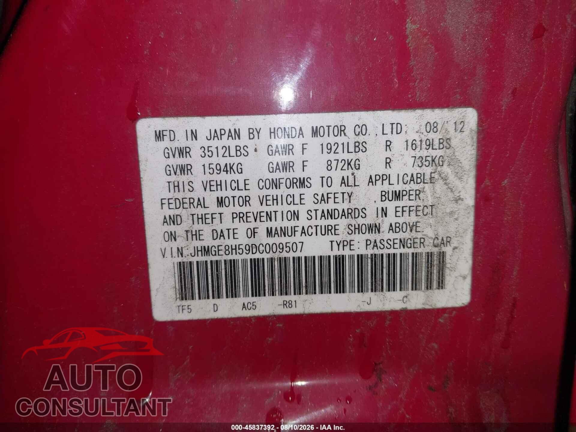 HONDA FIT 2013 - JHMGE8H59DC009507