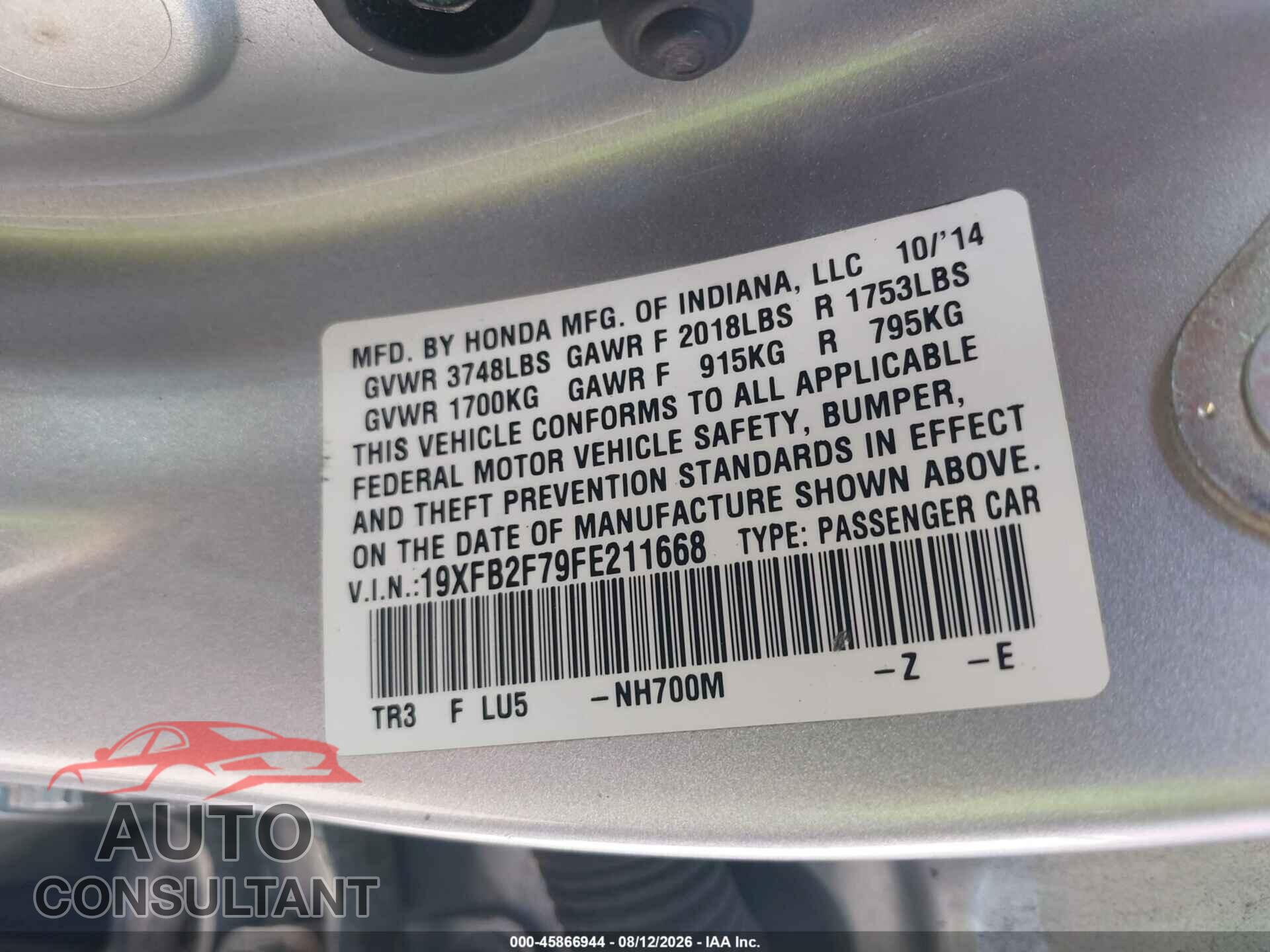 HONDA CIVIC 2015 - 19XFB2F79FE211668