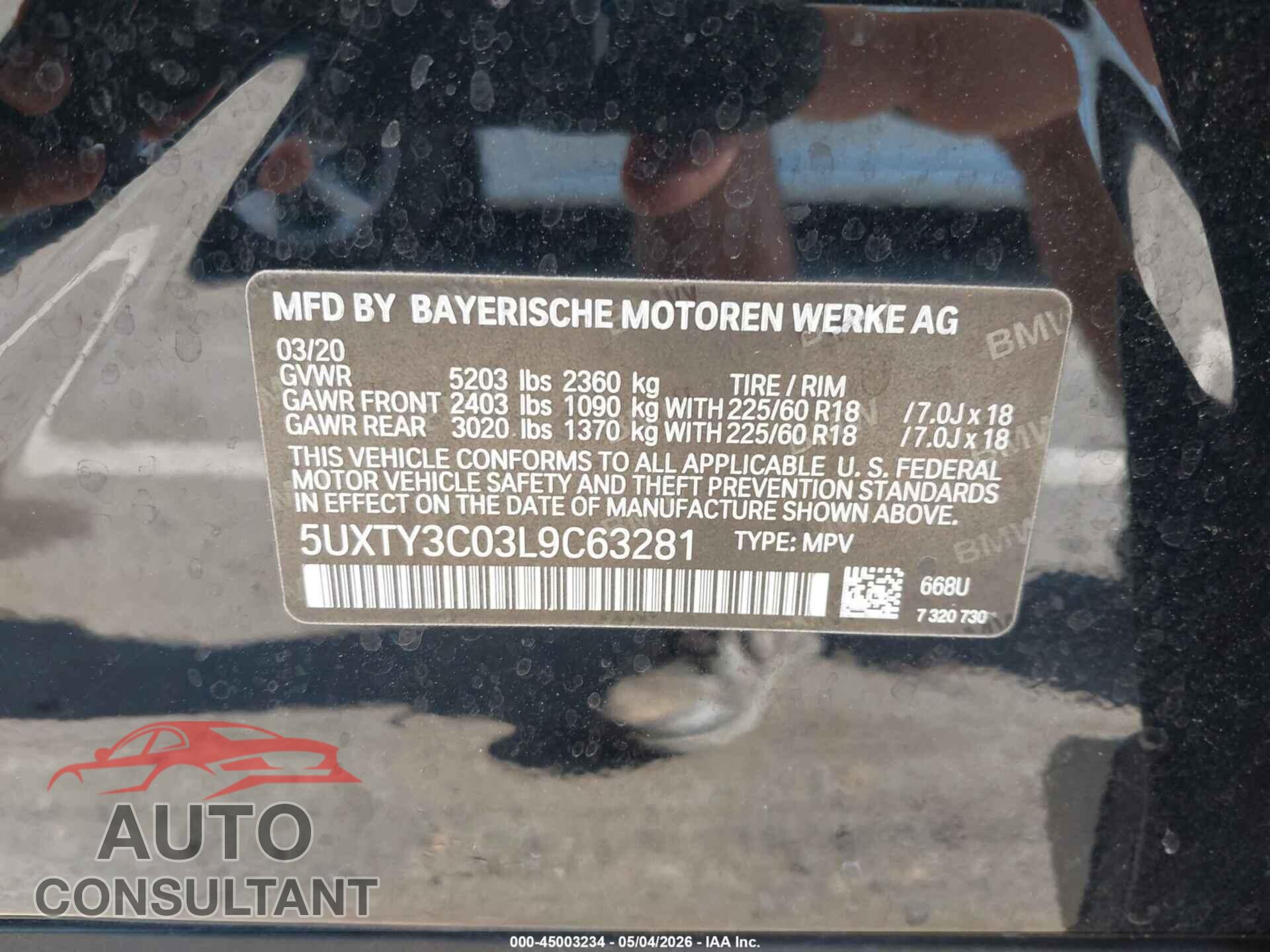 BMW X3 2020 - 5UXTY3C03L9C63281